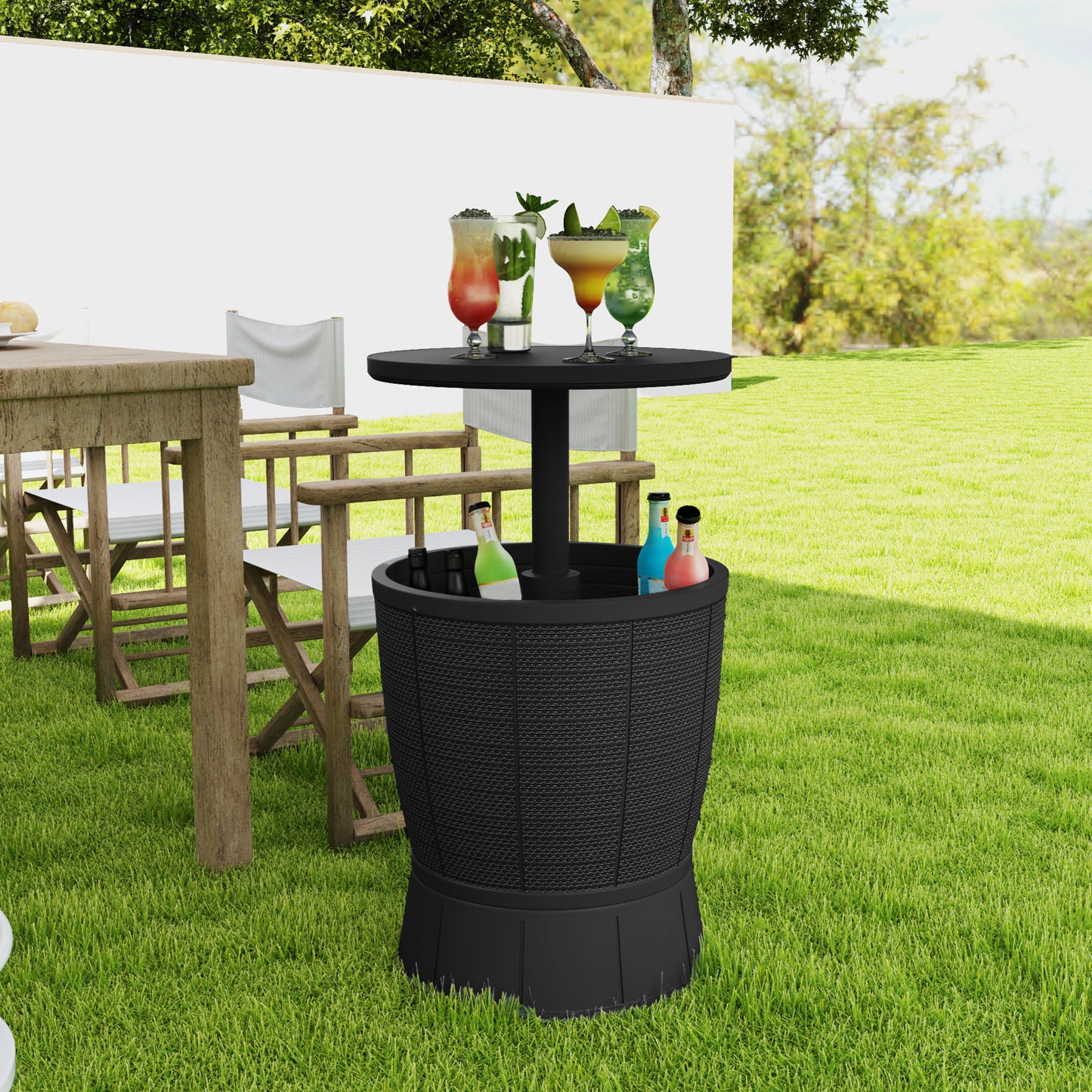 11 Gallon Patio Cooler Side Table, Outdoor Cooler Bar Table with Height Adjustable Top, Drainage Plug, Black