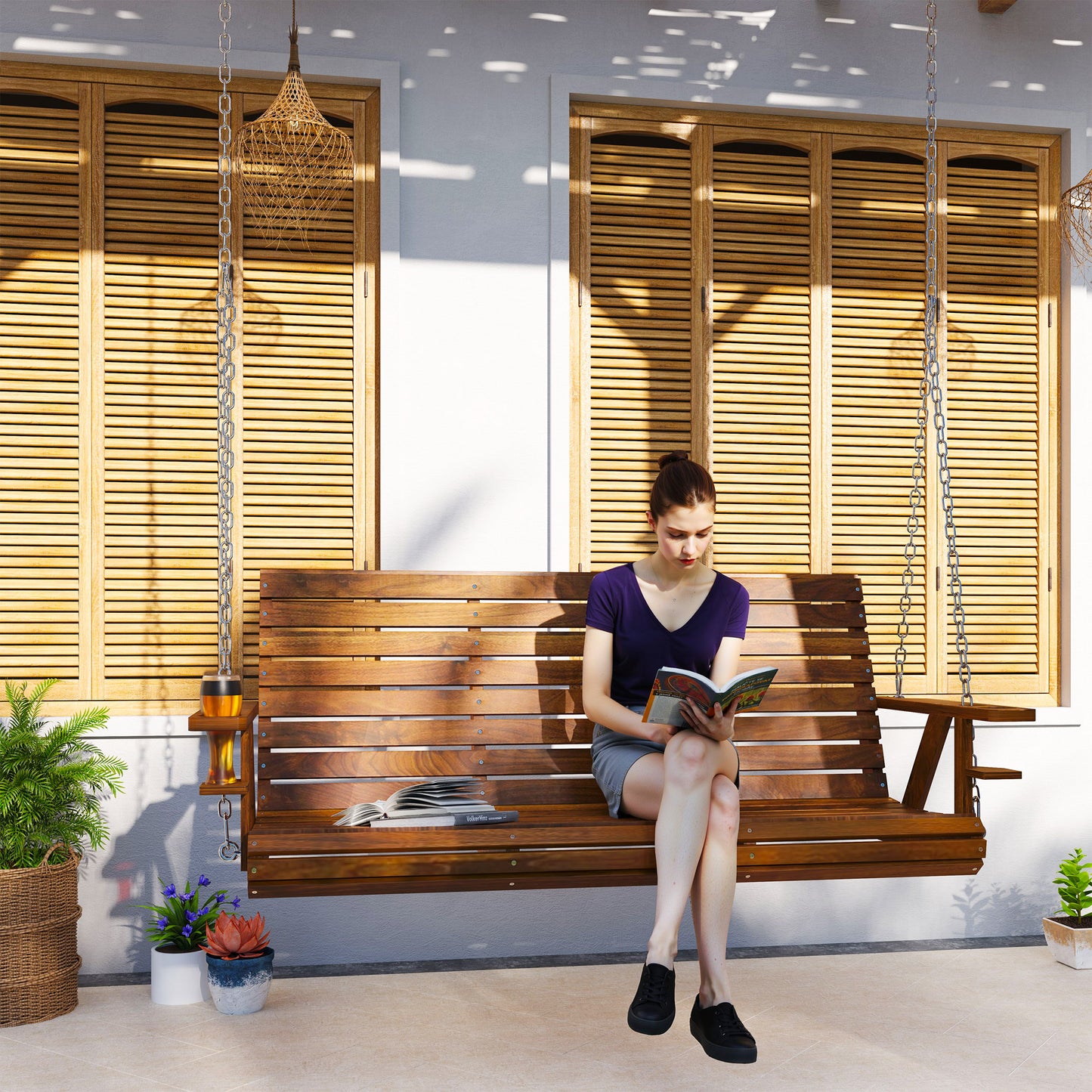 3-Seater Swing Bench, Wooden Porch Swing with Cupholders, Hanging Chains for Patio Garden, Carbonized