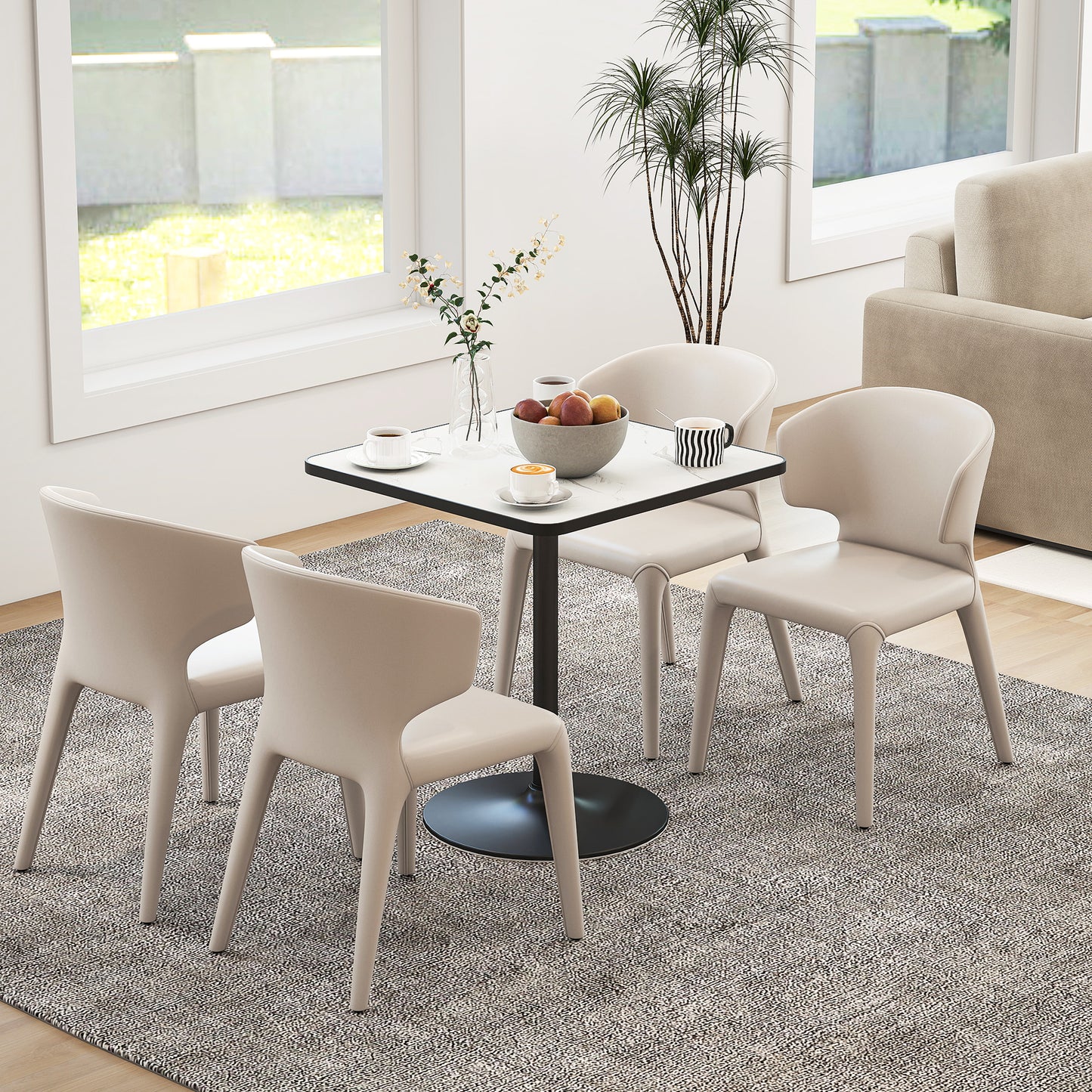 Dining Table for 4, Modern Kitchen Table with Marble Effect Tabletop and Round Base, White