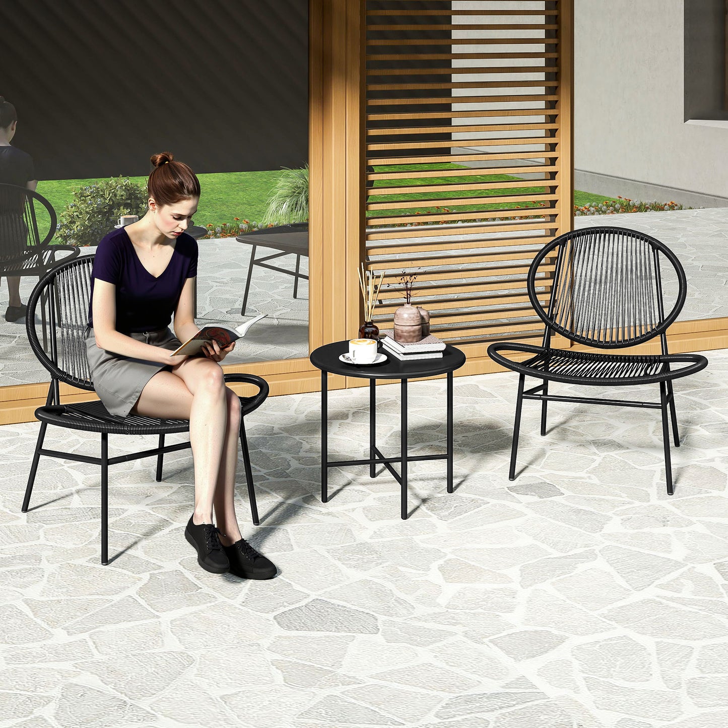 Rattan Bistro Set, 3 Pieces Wicker Patio Furniture Set, Acapulco Chairs and Steel Table for Porch, Balcony, Black