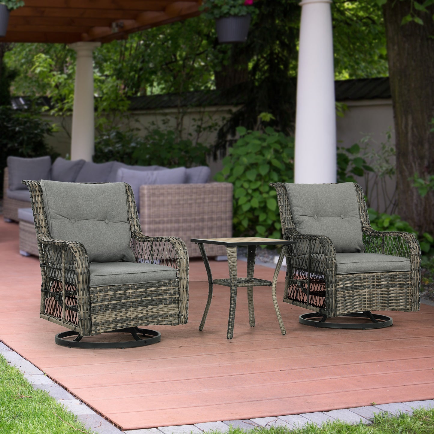 3-Piece Outdoor Bistro Set, Wicker Patio Furniture Set with Swivel Glider Chairs for Balcony, Porch and Small Outdoor Spaces, Grey