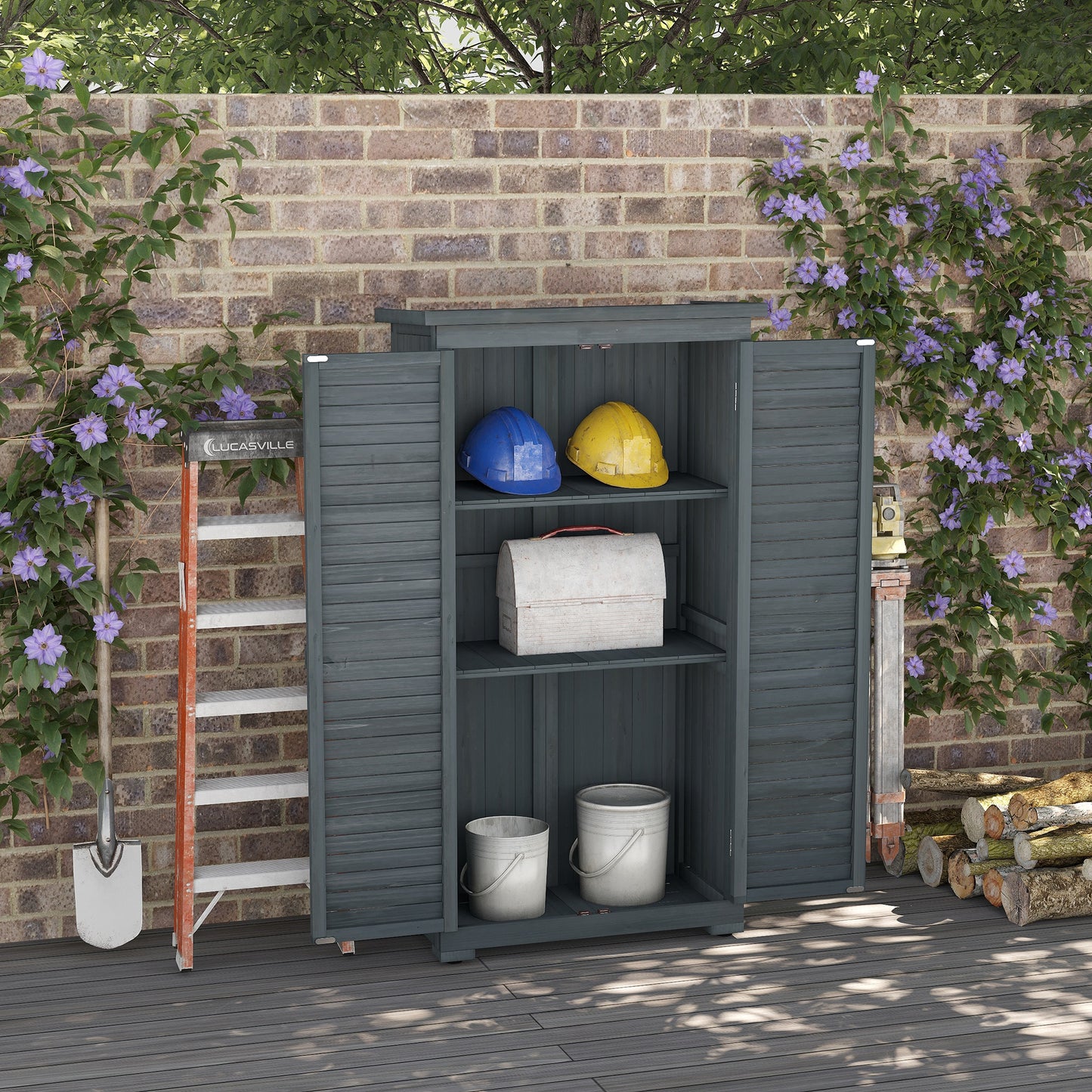 Outdoor Garden Shed, Wooden Tool Storage Shed, 3-Tier Shelves, Asphalt Roof, Shutter Doors, 34.3" x 18.3" x 63", Grey
