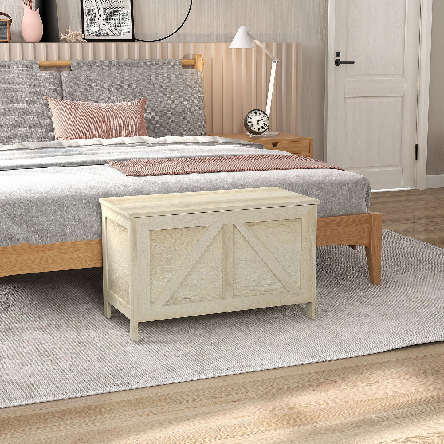 Storage Trunk Box Organizer with Farmhouse Panel Safety Hinge to Open Up 100° Natural
