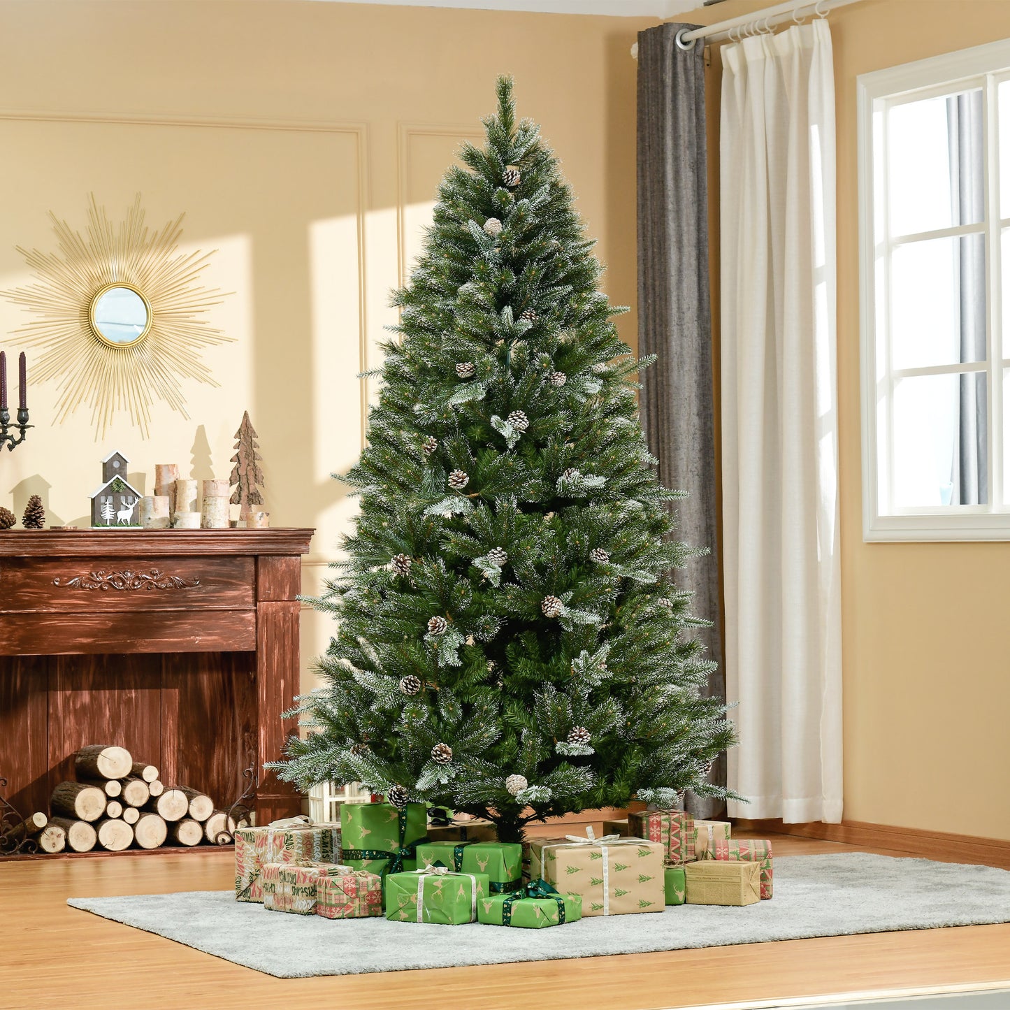 HOMCM 7FT Artificial Christmas Snow Pine Tree Holiday Home Xmas Decoration with Automatic Open, Pinecone, Green