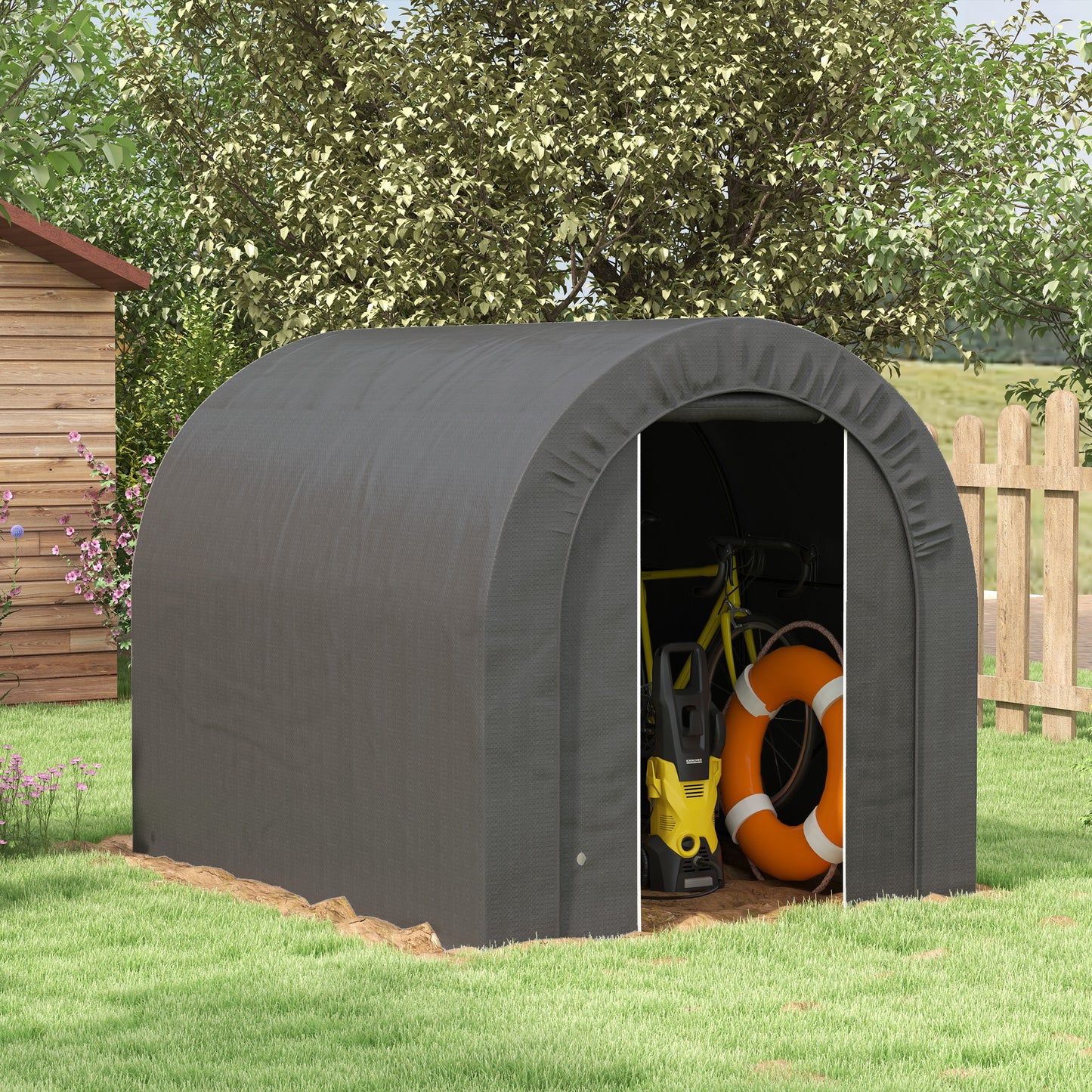 6' x 8' Outdoor Storage Shed, Heavy Duty Galvanized Steel Portable Shed for Bike, Motorcycle, Garden Tools, Dark Grey