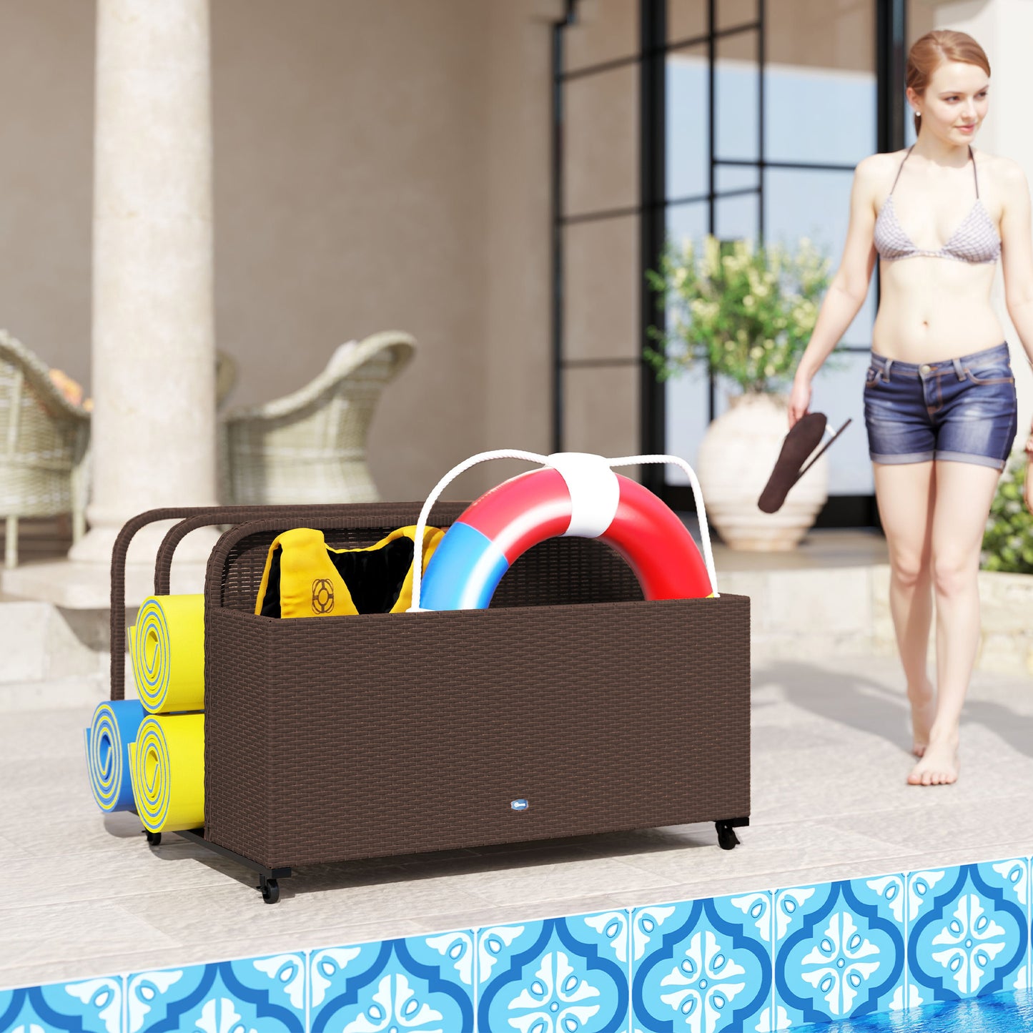 Rolling Pool Storage Rattan Patio Furniture Outdoor Storage Wicker Organizer for Floats, Paddles, Balls, Towels, Brown