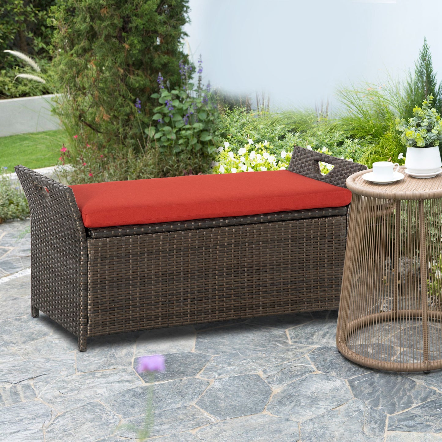 2-In-1 Outdoor PE Rattan Storage Bench, 29 Gallon Patio Wicker Furniture, Basket Box with Handles and Cushion Red