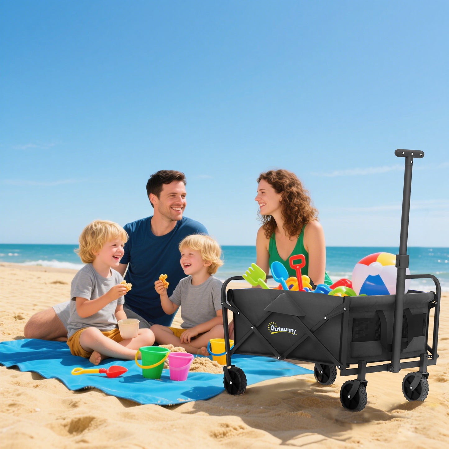 Collapsible Folding Garden Cart, Heavy Duty Lawn Wagon with Universal Wheels and Adjustable Handle, Black
