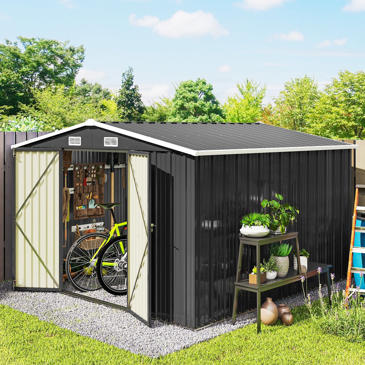 10' x 10' Metal Shed, Heavy Duty Outdoor Storage Shed with 4 Vents and Lockable Double Doors, Dark Grey