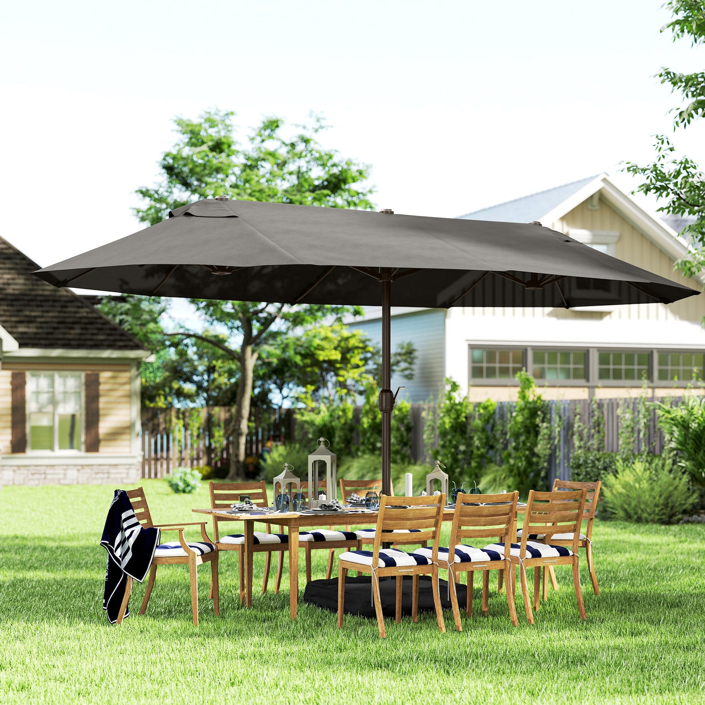 15' Outdoor Patio Umbrella with Twin Canopy Sunshade Steel Table Umbrella with Lift Crank, Cross base, Sandbag, Dark Grey