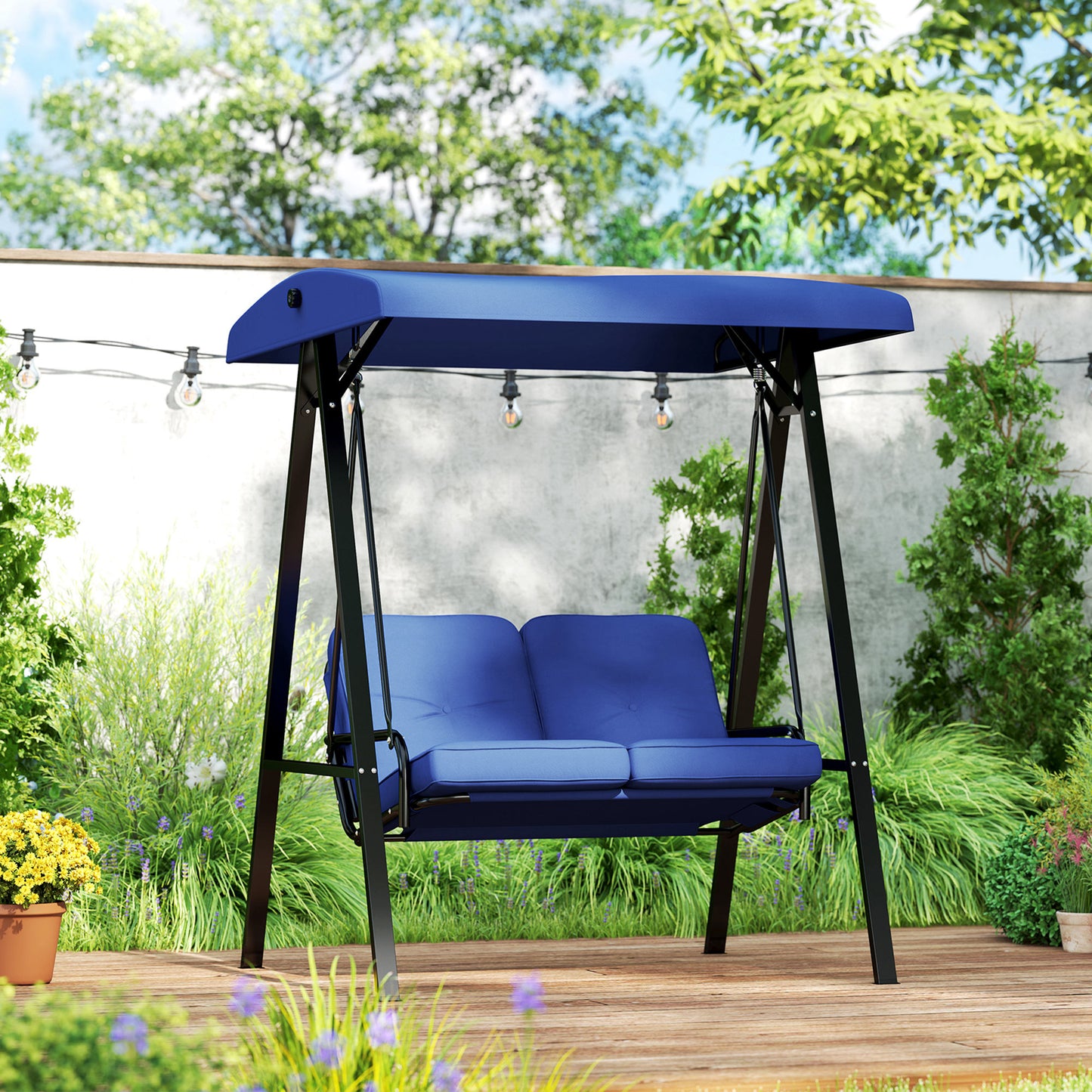 2-Seater Outdoor Porch Swing with Adjustable Canopy, Patio Swing Chair for Garden, Poolside, Backyard, Dark Blue