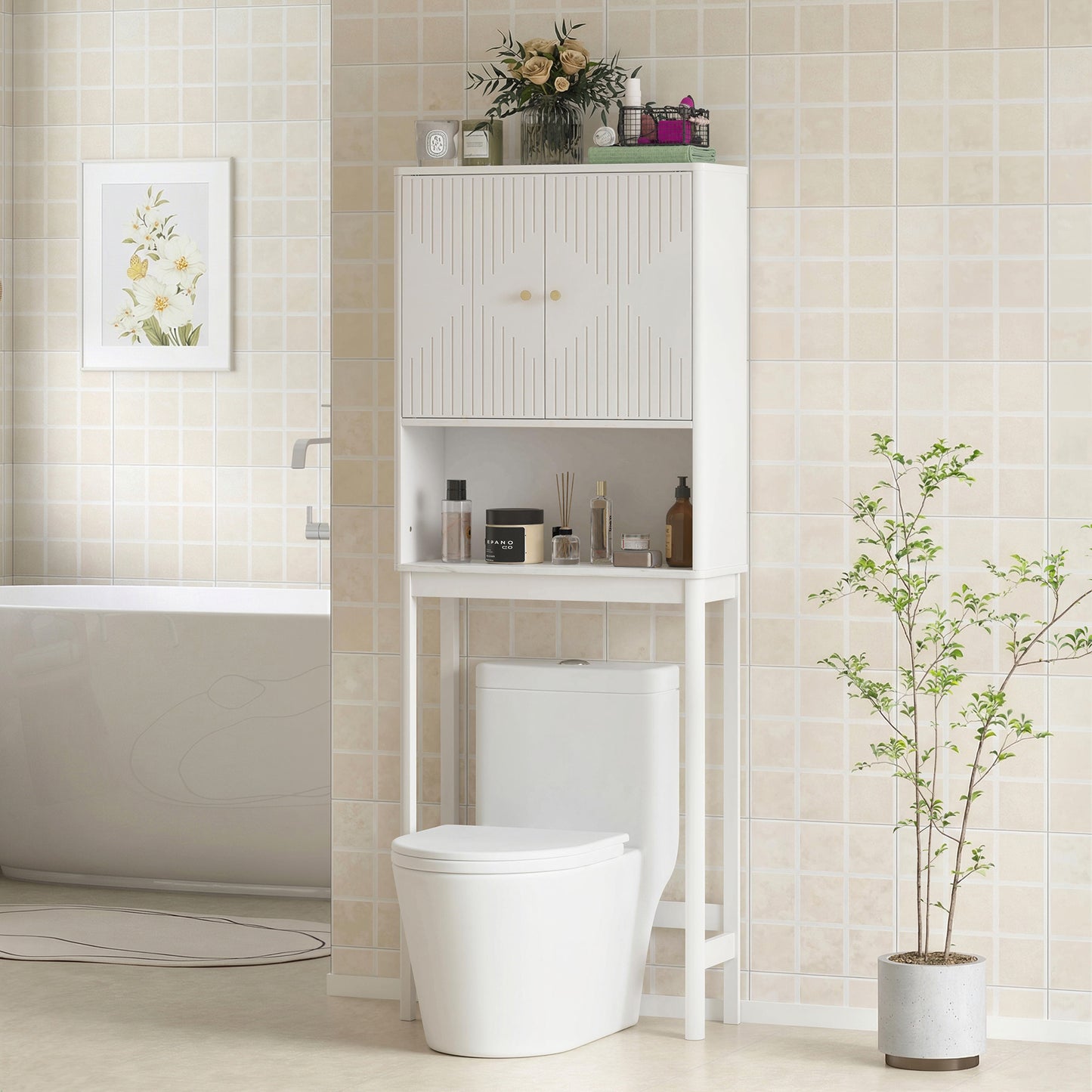 Over The Toilet Storage Cabinet with Adjustable Shelf, Open Shelf and Adjustable Bottom Bar, White