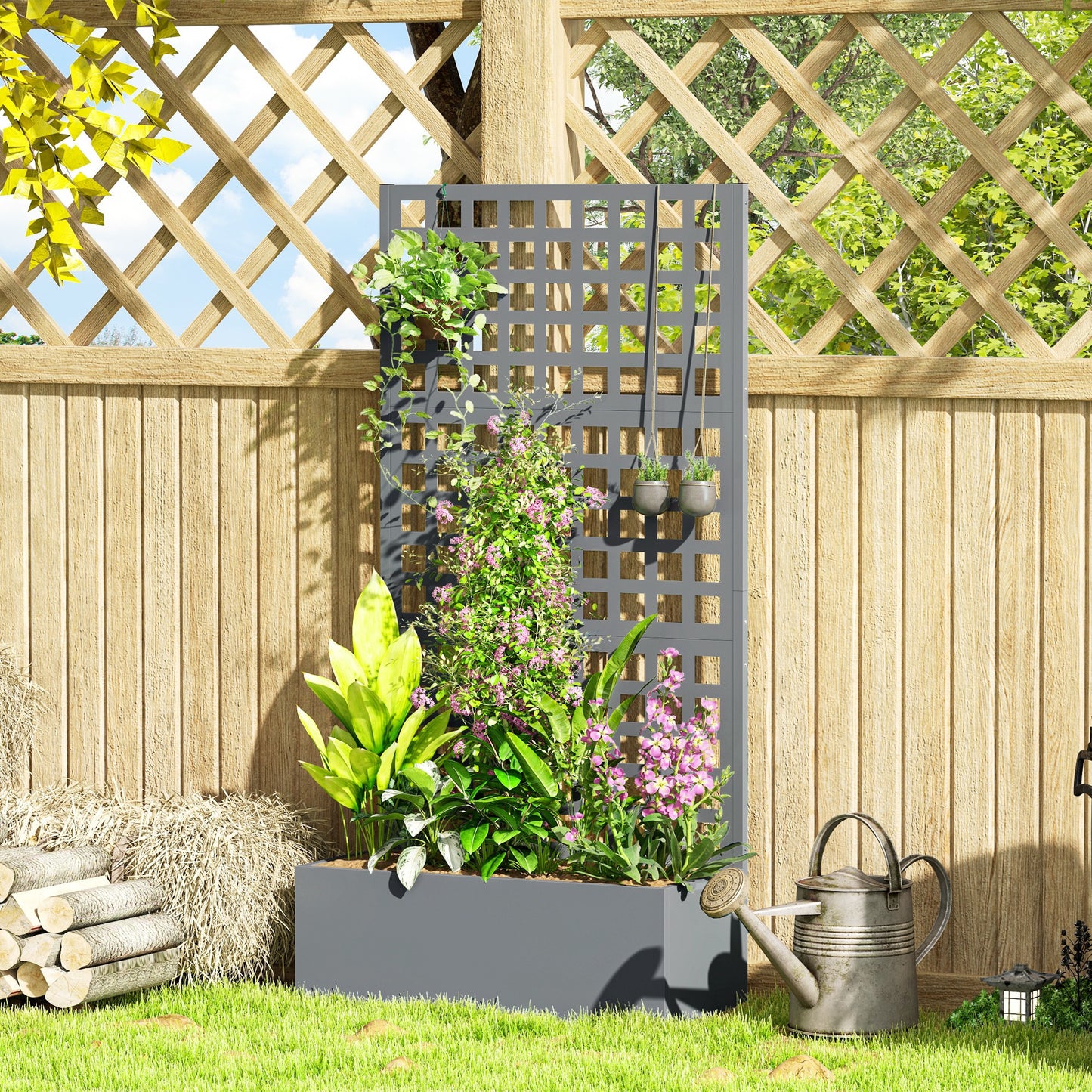 Galvanized Raised Garden Bed Planter Box with Trellis for Climbing Plant, Vegetable, Vine, 35"x16"x70" Grey Wood Effect
