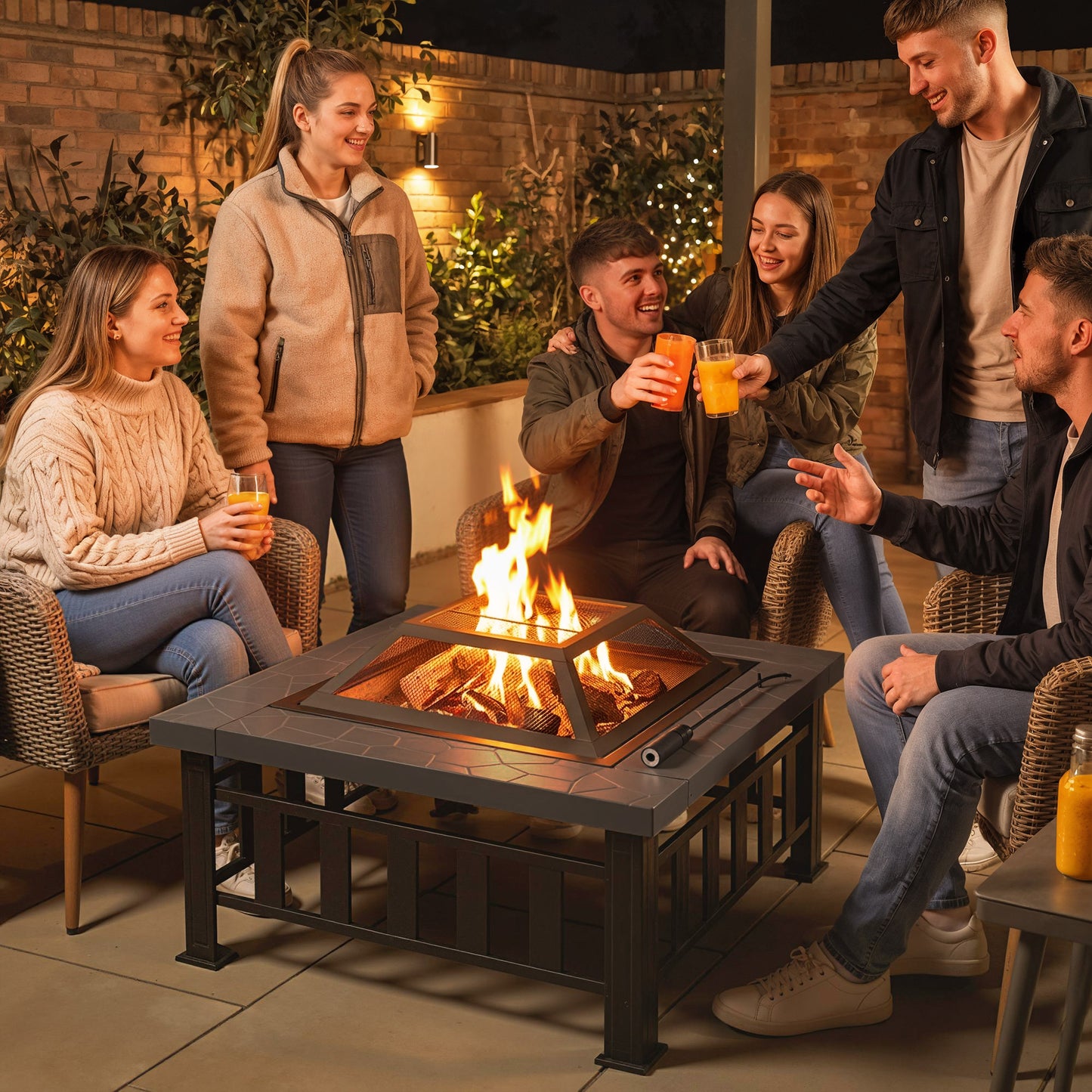 34" Outdoor Square Firepit Steel Stove Portable with Spark Screen Cover Log Grate Poker and Rain Cover for Outside Wood Burning and Camping Black