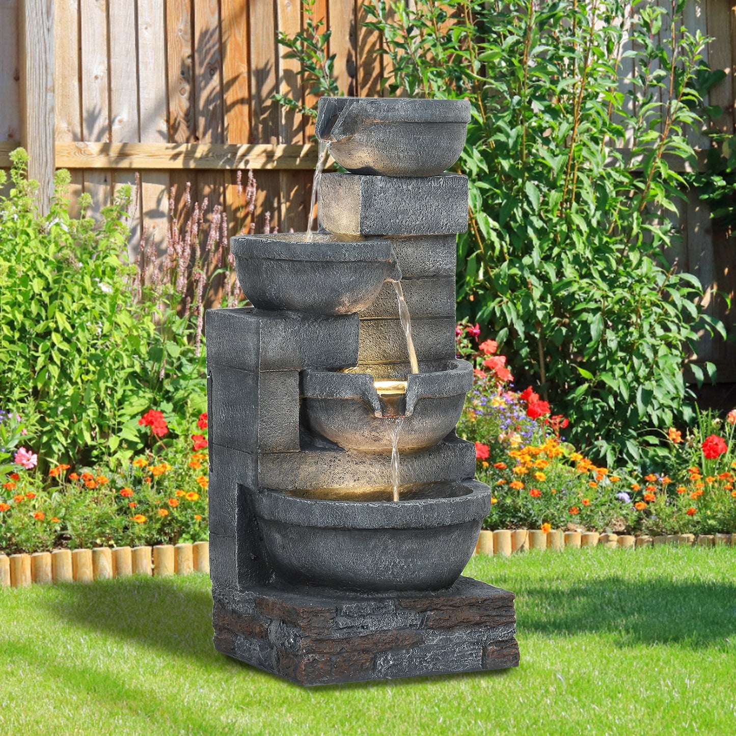 30" Tall Outdoor Water Fountain with LED Lights, 4-Tier Resin Cascading Bowls Garden Fountain Waterfall Fountain with Pump, Grey