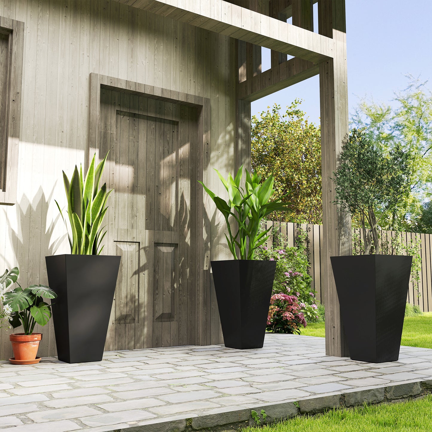 28" Tall Garden Plastic Planters, Outdoor and Indoor Flower Pots, Set of 3 for Entryway, Patio, Yard, Black