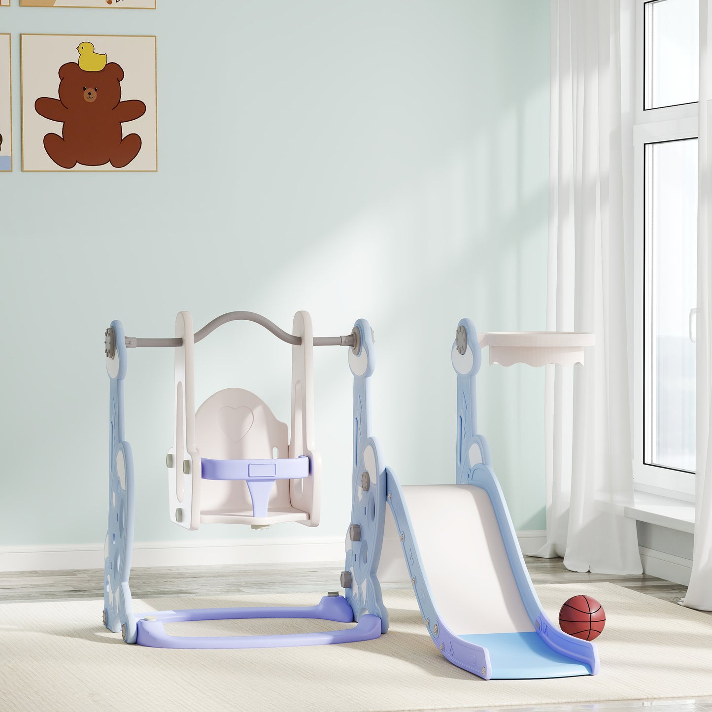 Qaba 4-in-1 Slide and Swing Set with Basketball Hoop, Climber, for Ages 1.5-4 Boys Girls Toddler, Rocket Themed, Light Blue