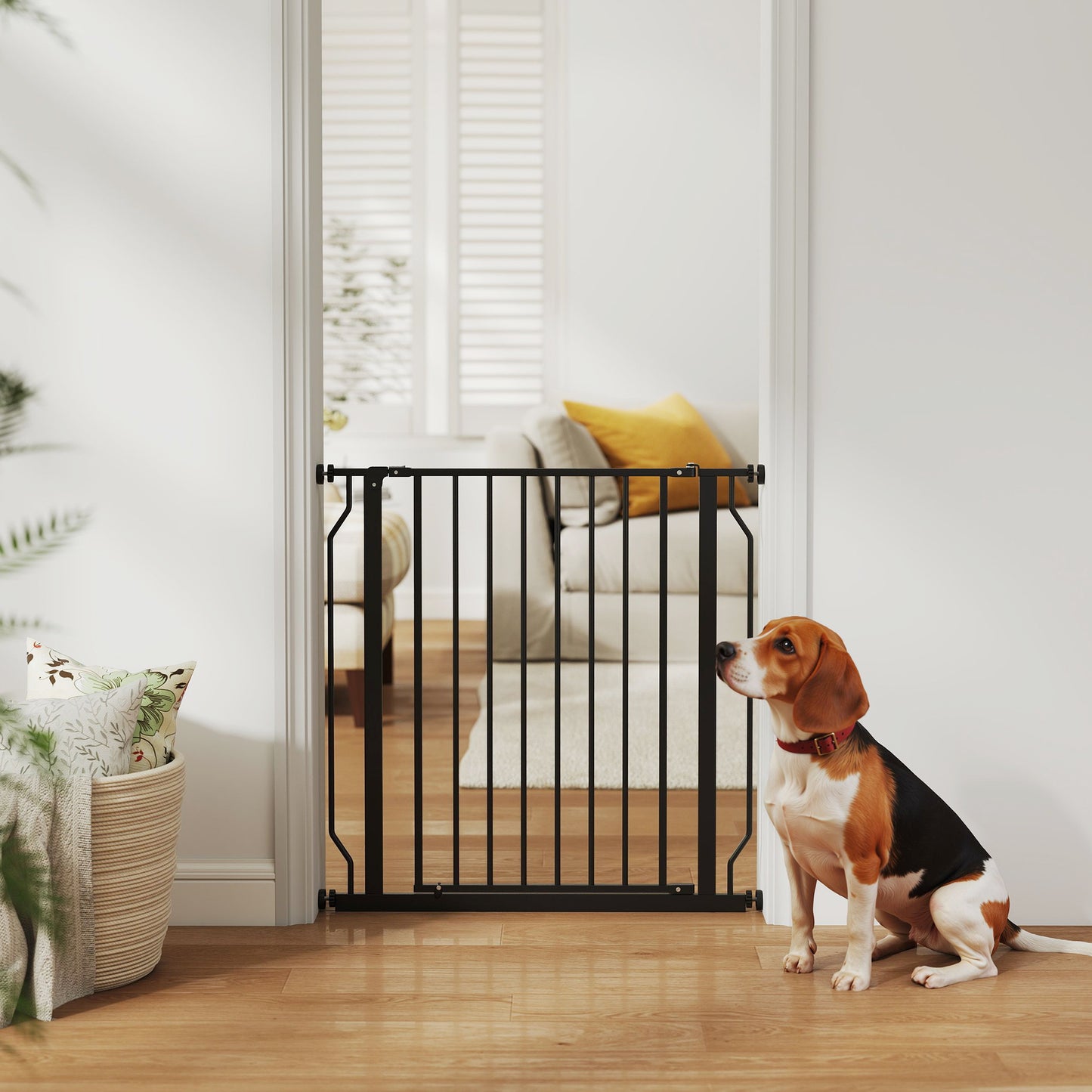 30"- 34" Easy Install Pet Gate w/ Door & Double Locking System, Extra Wide Dog Gate for Stairs, Hallways, Black
