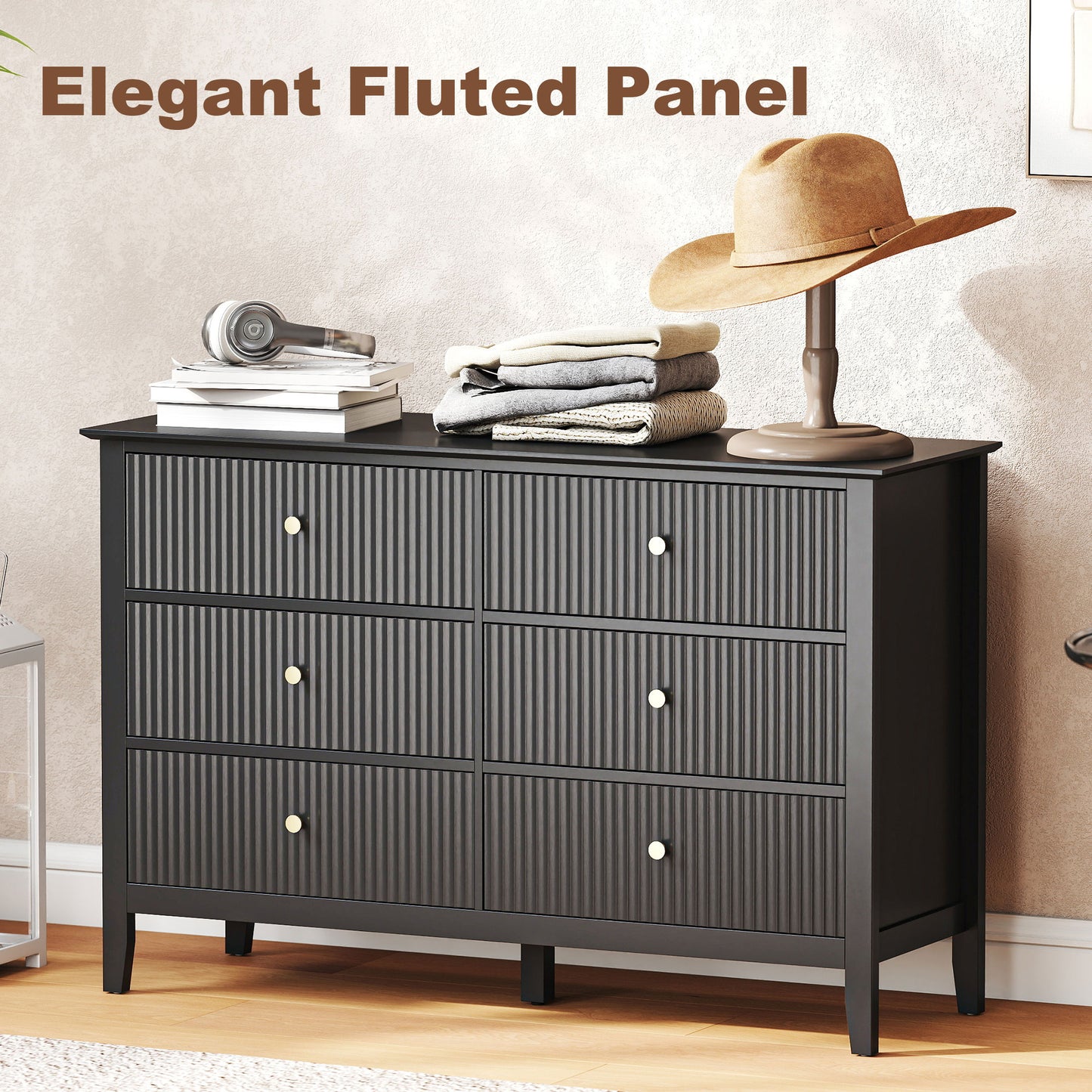 Double Chest of Drawers, Modern 6 Drawer Dresser for Bedroom, Living Room, Hallway, Closet, Black