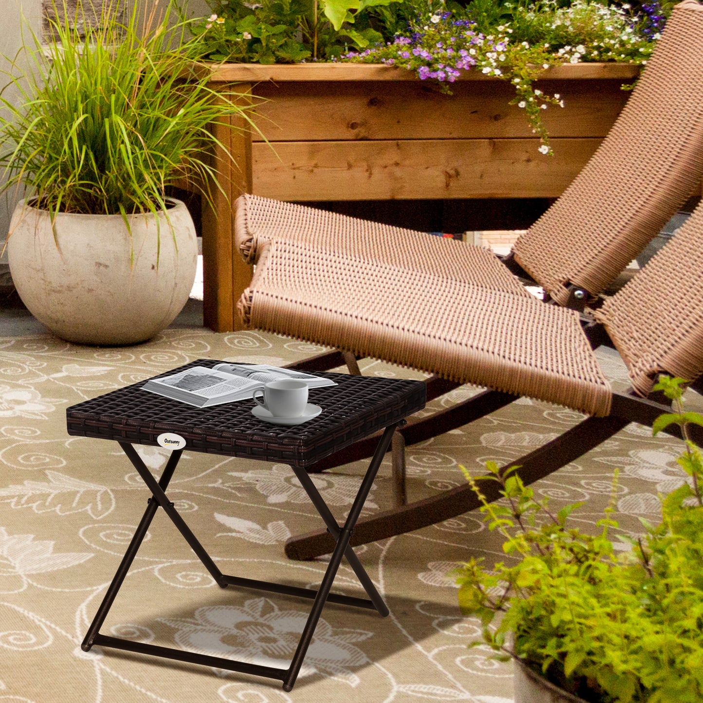 Patio Wicker Coffee Table, Outdoor PE Rattan Garden Folding Side Table, 15.75"x15.75"x15.75", Brown