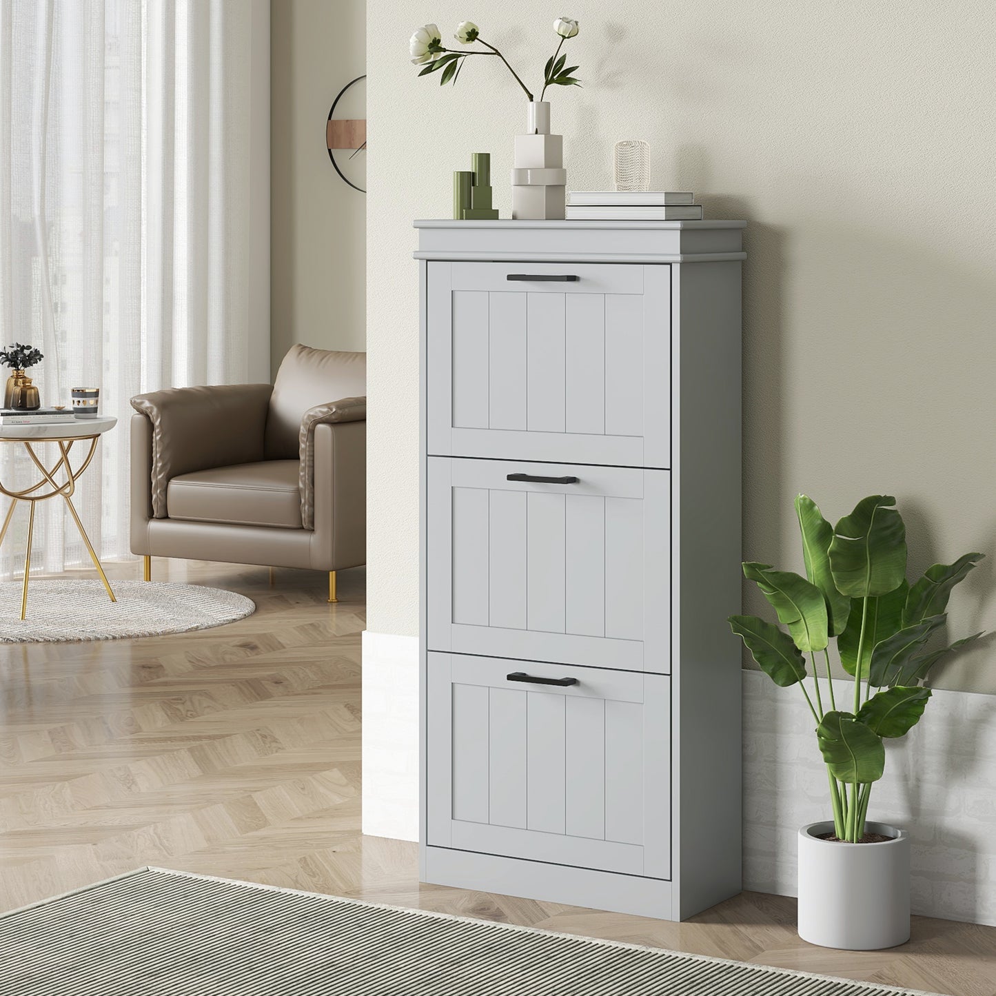 Slim Shoe Cabinet with 3 Flip Drawers and Adjustable Shelves, Narrow Shoe Cabinet for 15 Pairs of Shoes, Grey