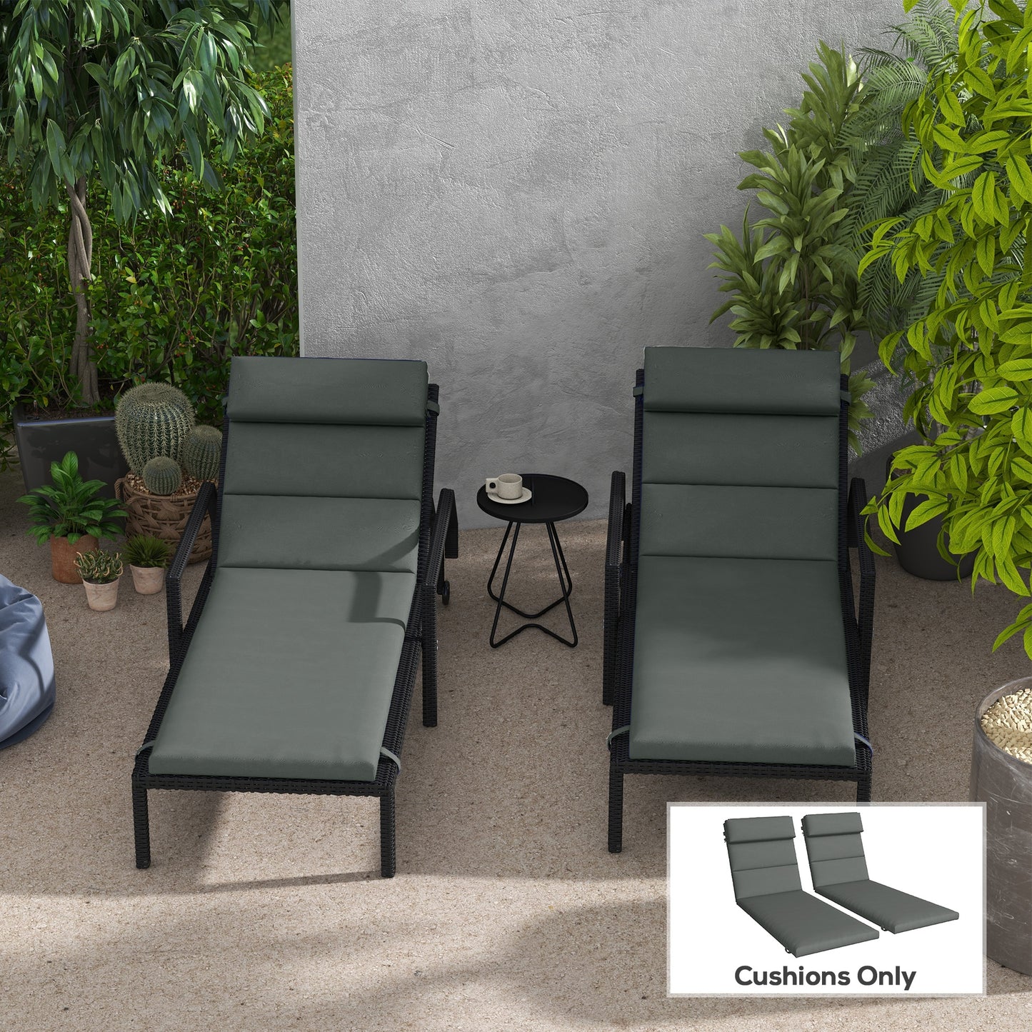 Patio Chaise Lounge Chair Cushions Replacement Sun Lounger Pads with Headrest and Ties, Set of 2, Grey