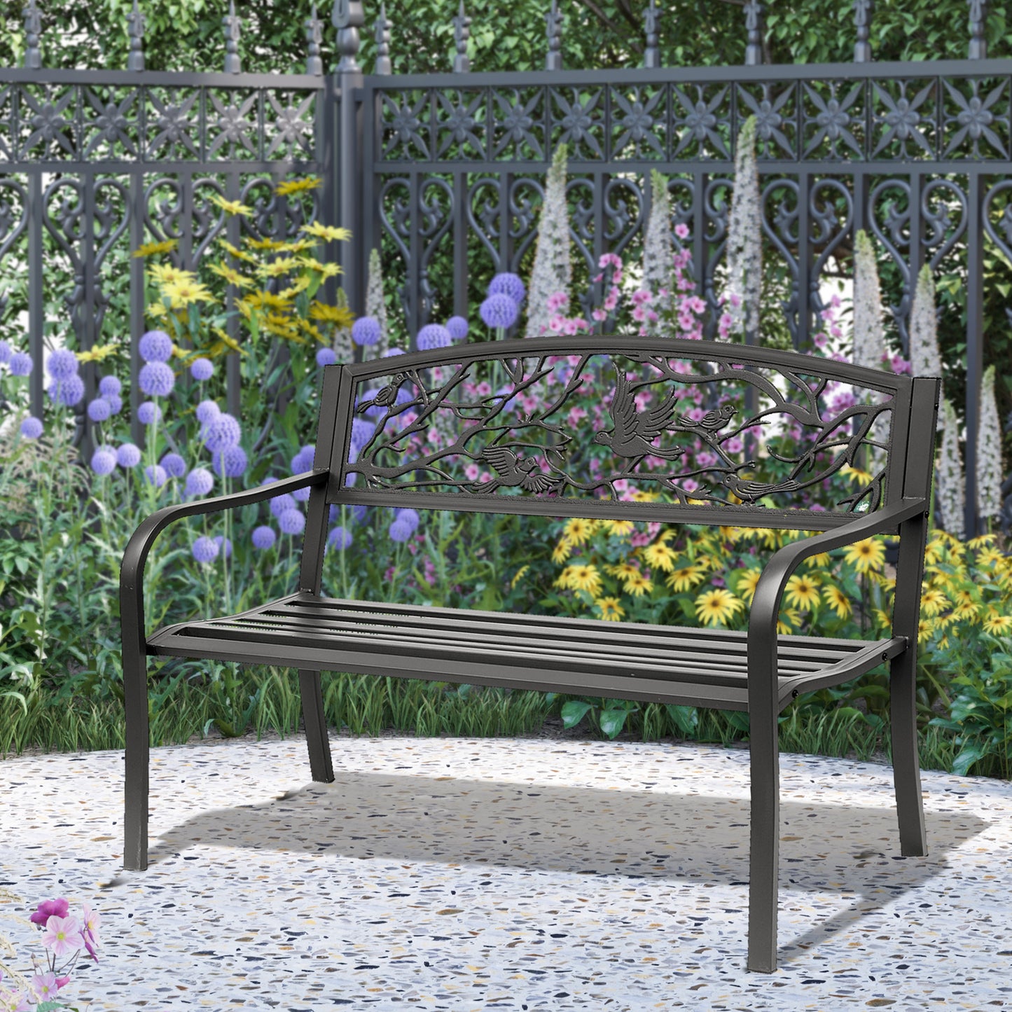 50" Garden Bench Outdoor Loveseat with Vintage Bird Pattern Cast Metal - Black