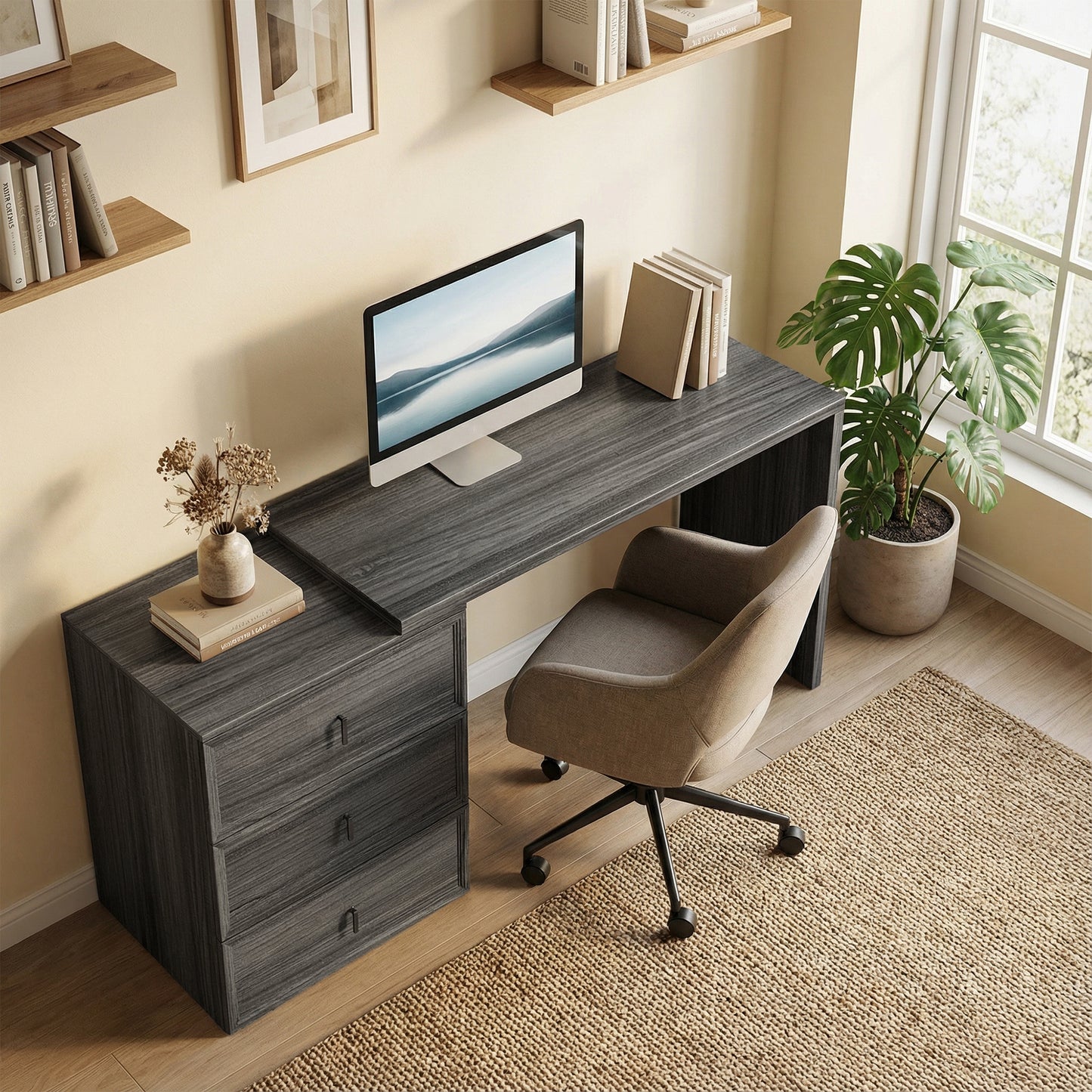 L Shaped Computer Desk Home Office Desk with 3 Drawers Black Wood Grain