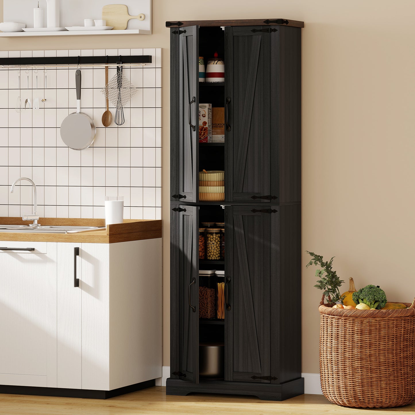 72" Pantry Cabinet, Farmhouse Freestanding Kitchen Storage Cabinet with Adjustable Shelves for Dining Room, Black
