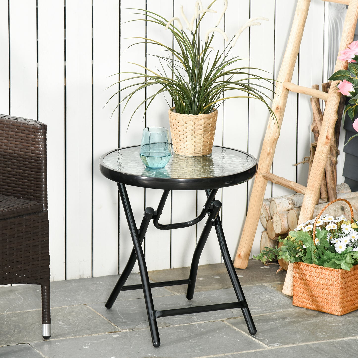 Φ18" Round Patio Table, Folding Coffee Table with Tempered Glass Tabletop for Patio, Balcony, Backyard