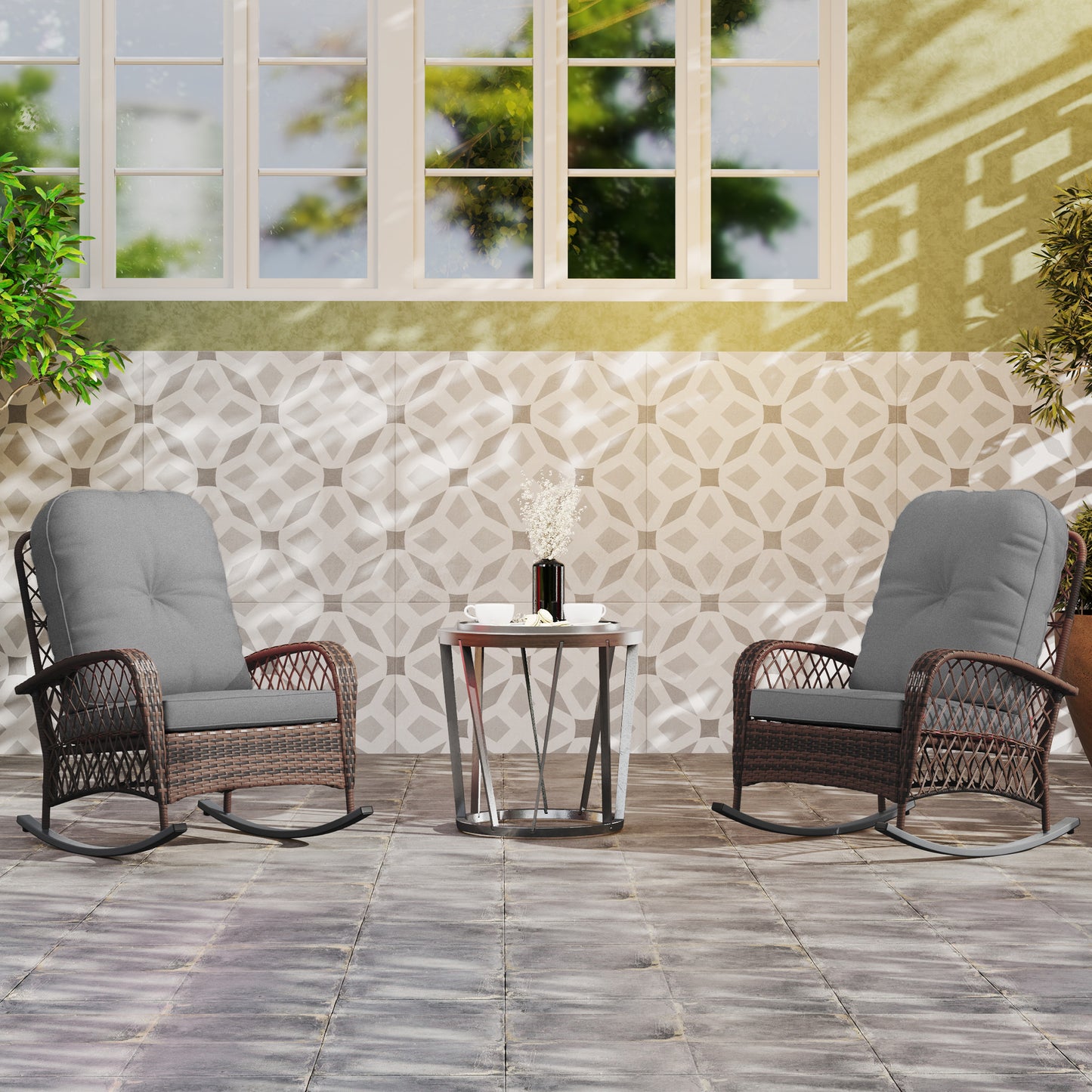 Outdoor Wicker Rattan Rocking Chair Set of 2, Patio Rocker with Thick Cushions for Garden Backyard Porch, Grey