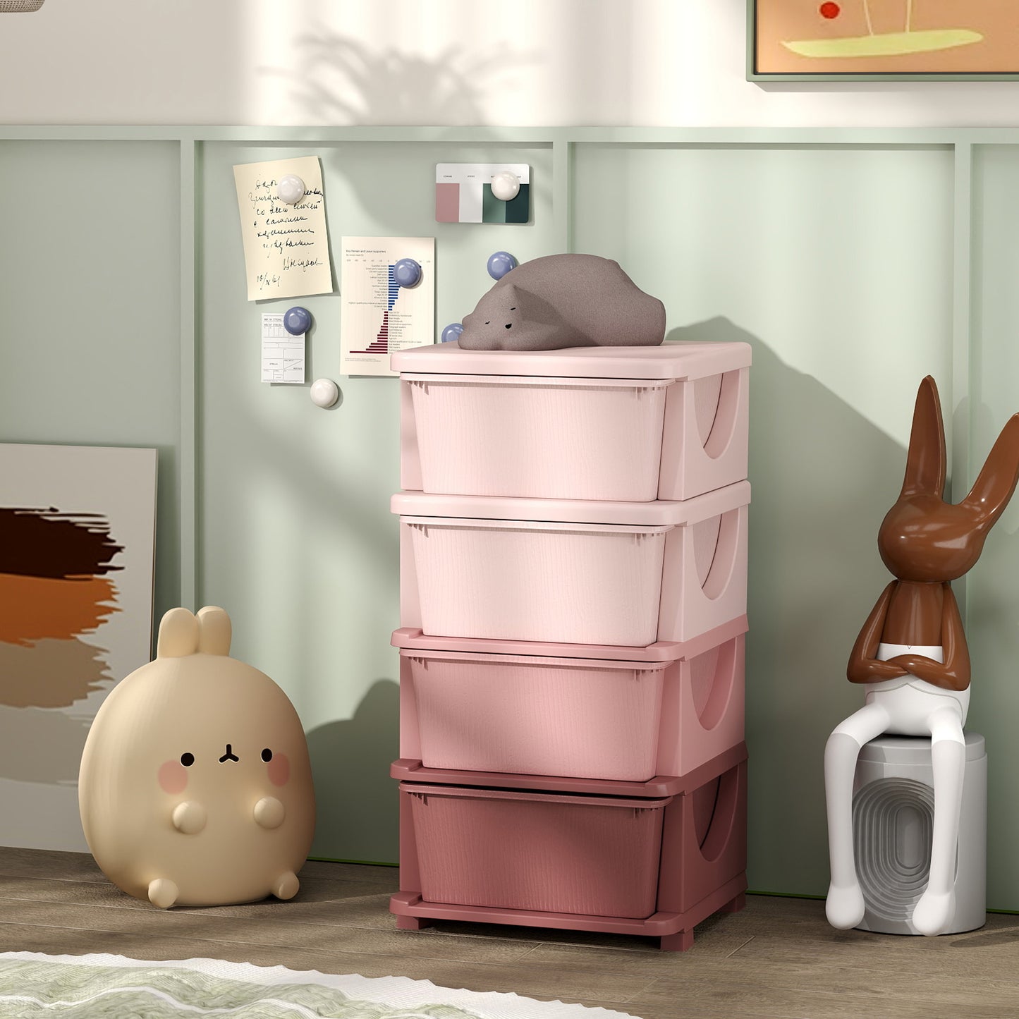 Qaba 4 Tier Kids Toy Organizer and Storage Bins with 4 Plastic Drawers, Pink
