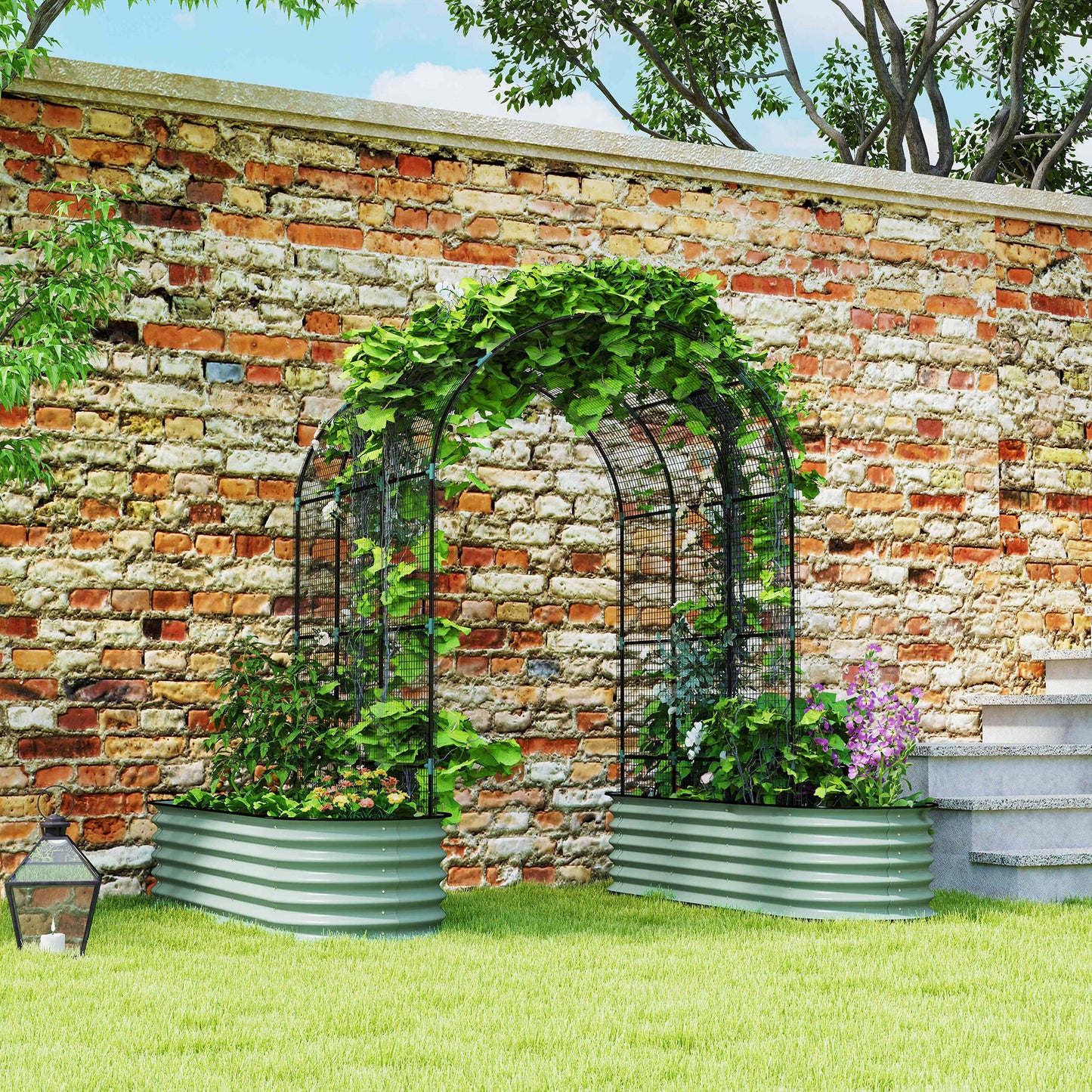 Galvanized Raised Garden Beds with Arch Trellis, Metal Planter Box with Climbing Net, Rubber Strap Edging, Open Bottom