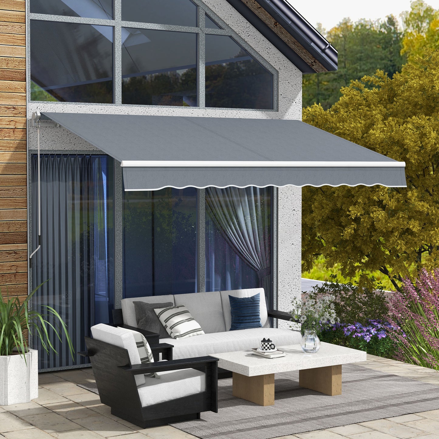 10' x 8' Manual Retractable Awning, Sunhade Shelter Canopy UV Protection for Window Door Patio Deck Yard, Dark Grey