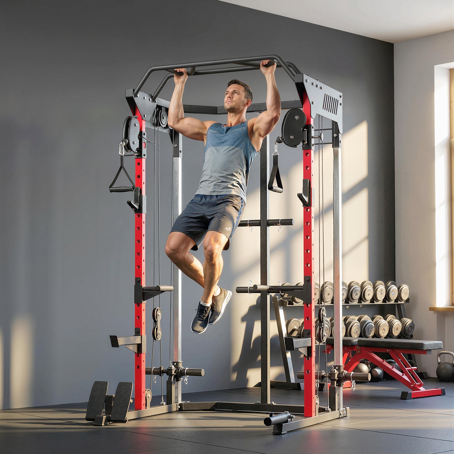 Soozier Power Cage, Power Rack with Adjustable Cable Pulley System, Pull-Up Bar, Dip Station, Landmine