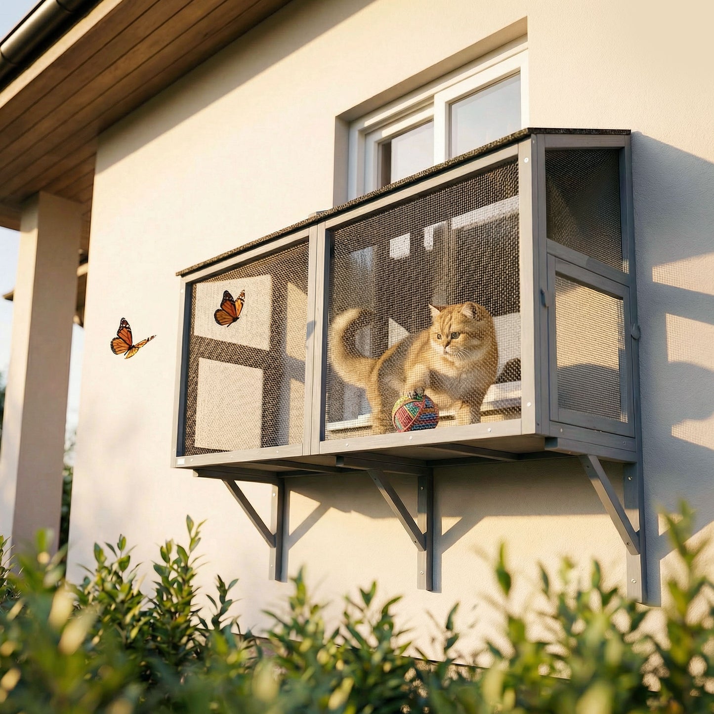 Catio Outdoor Cat Enclosure Expandable Wooden Cat House with 2 Doors for Window, 51.2"L
