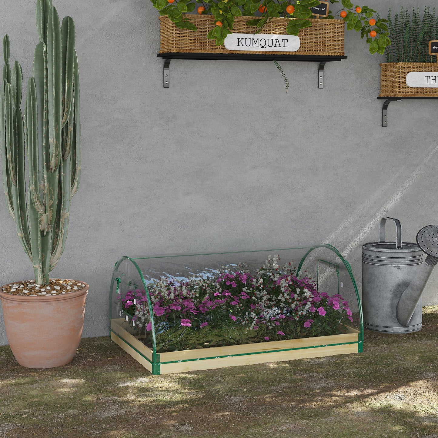 12 Pockets Raised Garden Bed with Greenhouse and Roll Up Windows for Vegetables, Flowers, 4' x 3' x 2', Natural Wood