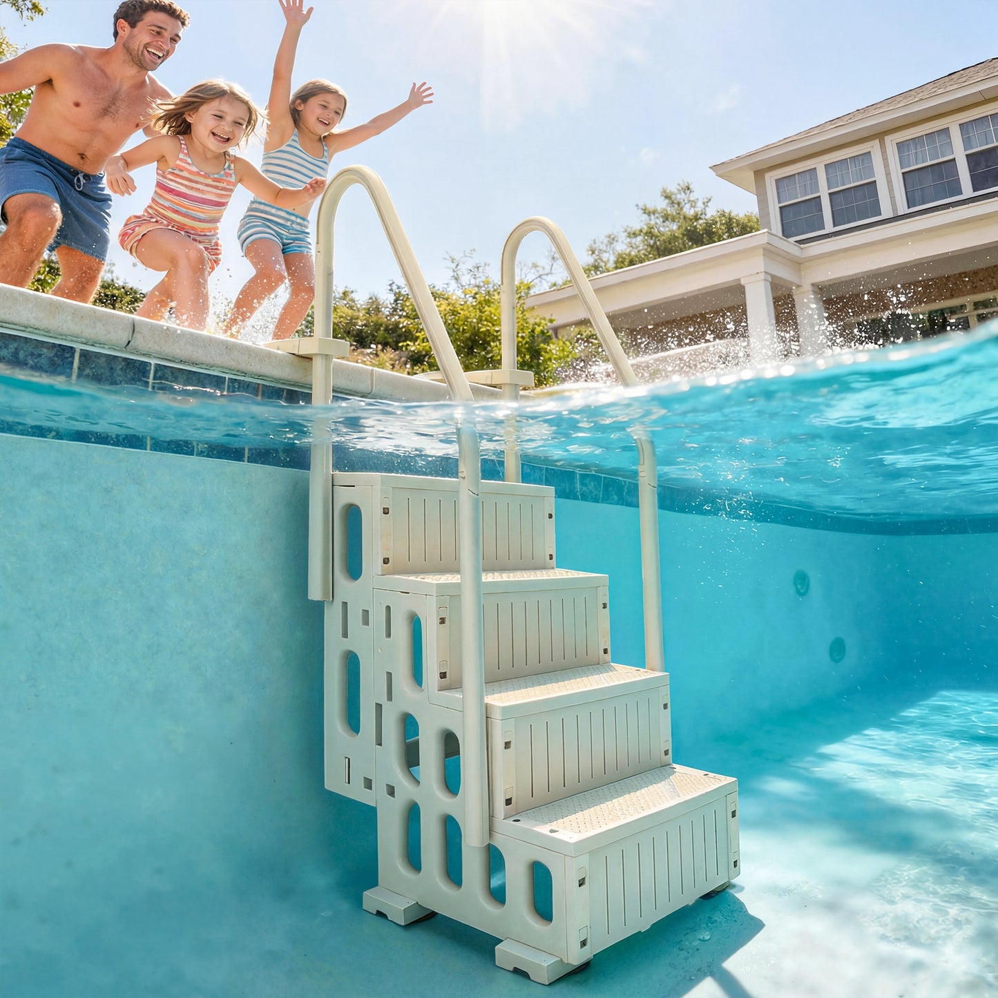 Swimming Pool Ladder Adjustable for Above Ground Pools w/ Non-Slip Steps & Dual Handrails 4-Step Cream White