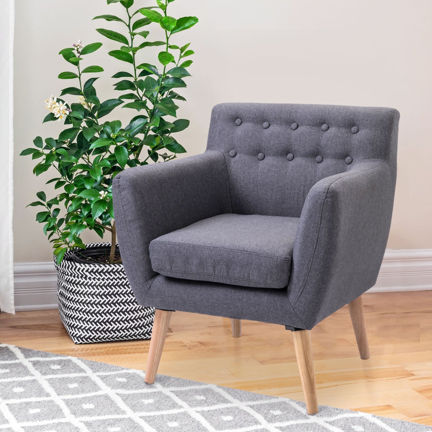 Linen Upholstery Armchair, Mid-Century Modern Accent Chair with Wood Frame and Thick Padding, Light Grey
