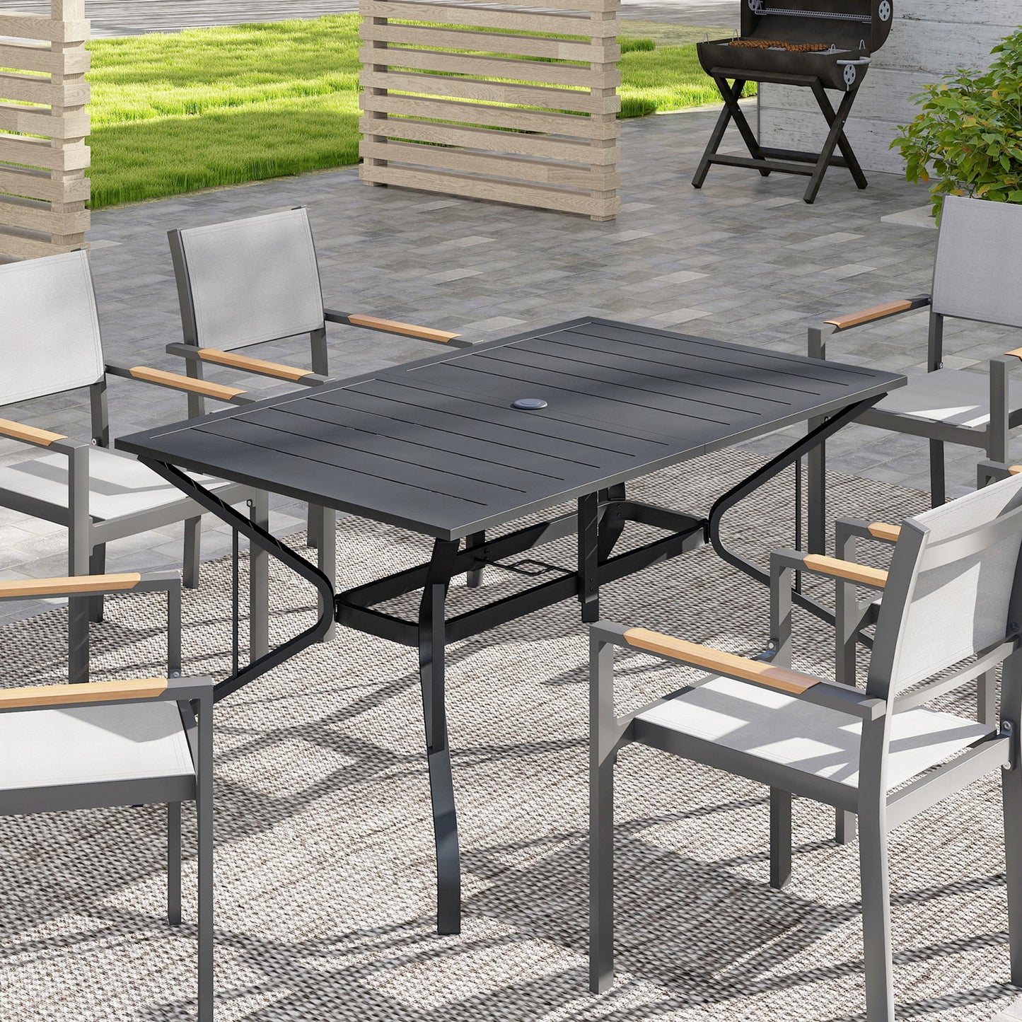 Rectangle Patio Dining Table with Umbrella Hole, Outdoor Dining Table for 6 with Steel Frame for Garden, Balcony, Black