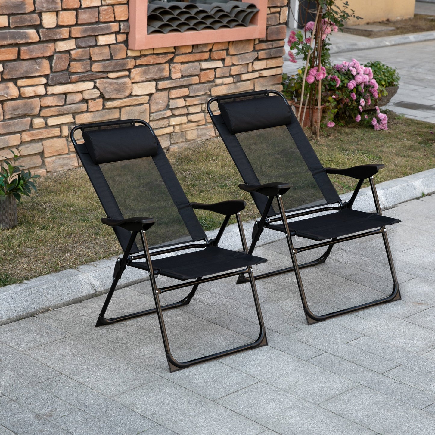 Double Camping Chairs Foldable w/ Reclining & Headrest, Black