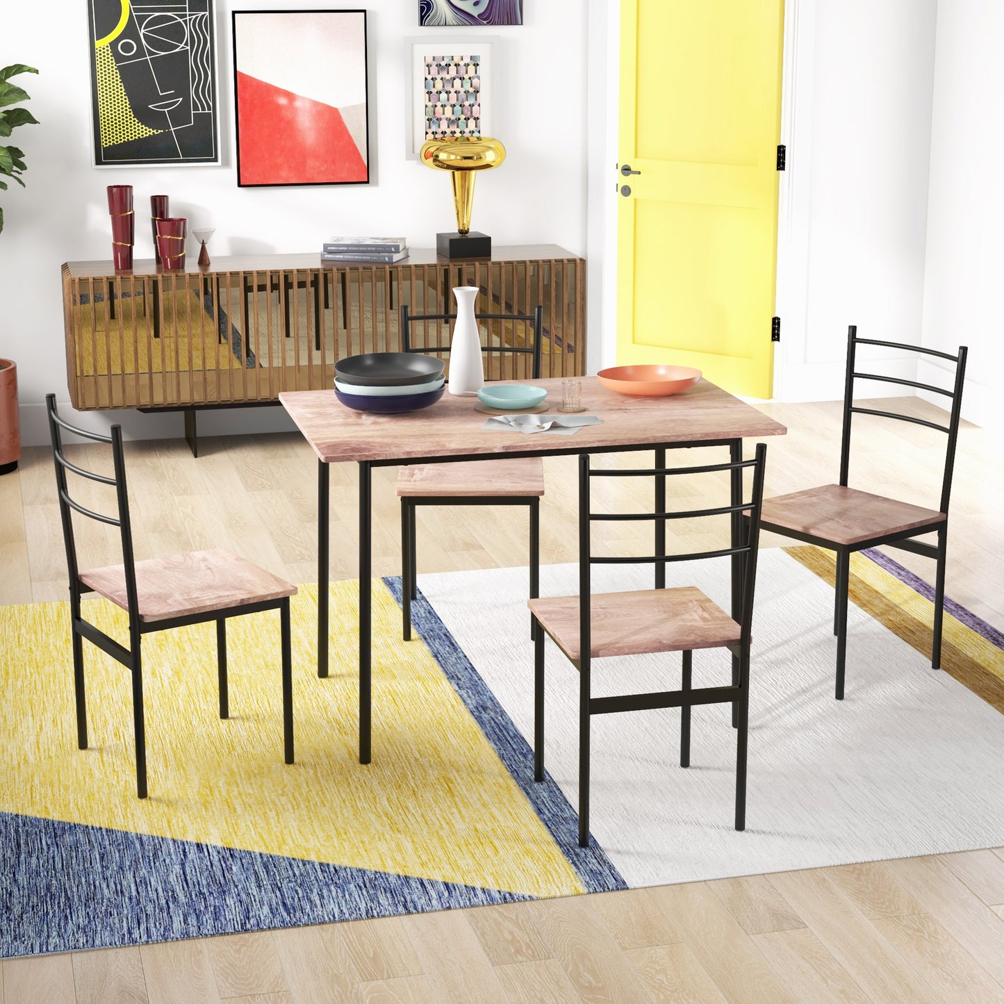 5 Piece Dining Table Set for 4, Space Saving Kitchen Table and 4 Chairs, Rectangle, Steel Frame for Dining Room, Oak