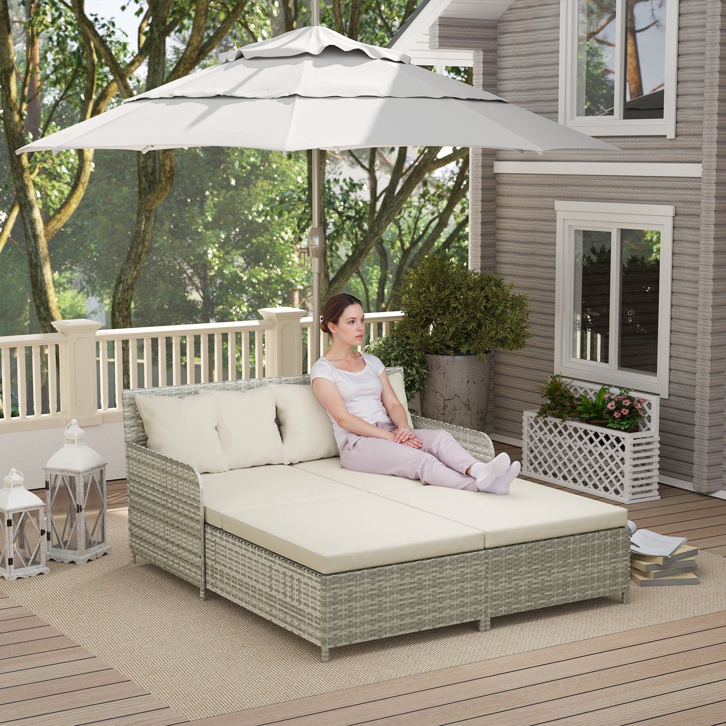 Rattan Outdoor Daybed, Sunbed Loveseat with Soft Cushions, 4 Pillows, Curved Backrest & Armrest, Beige