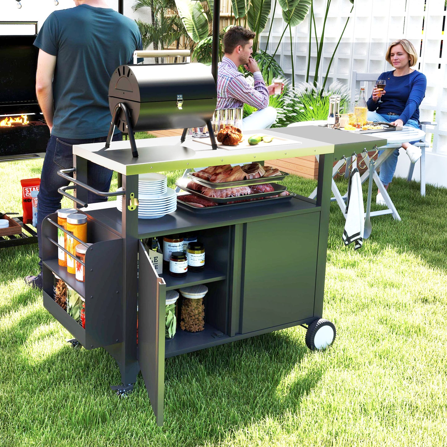 Outdoor Grill Cart with Foldable Side Table, Stainless Steel Tabletop, Pizza Oven Stand with Storage Rack, Wheels
