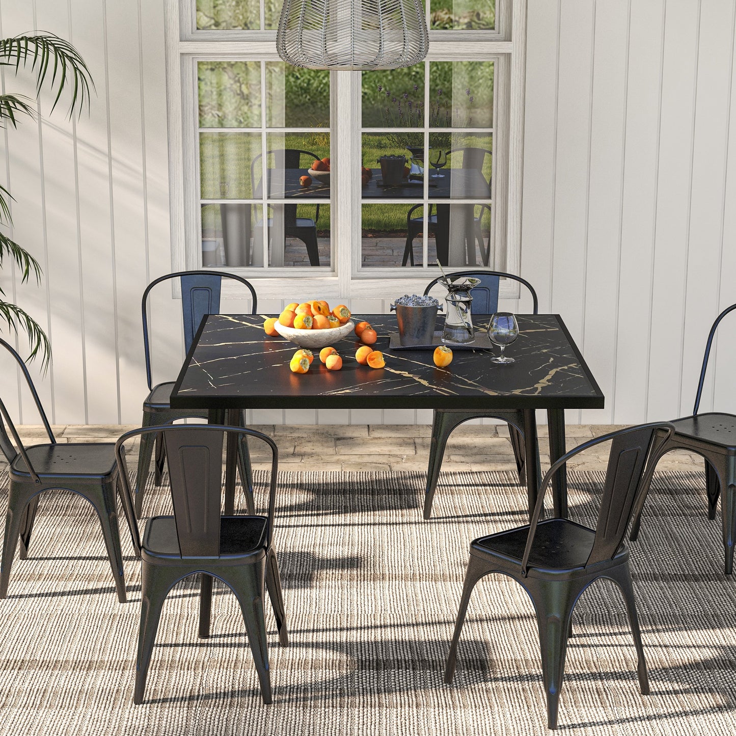 Outdoor Dining Table for 4, Square Patio Dining Table with Marble Effect Tempered Glass Top and Steel Frame, Black