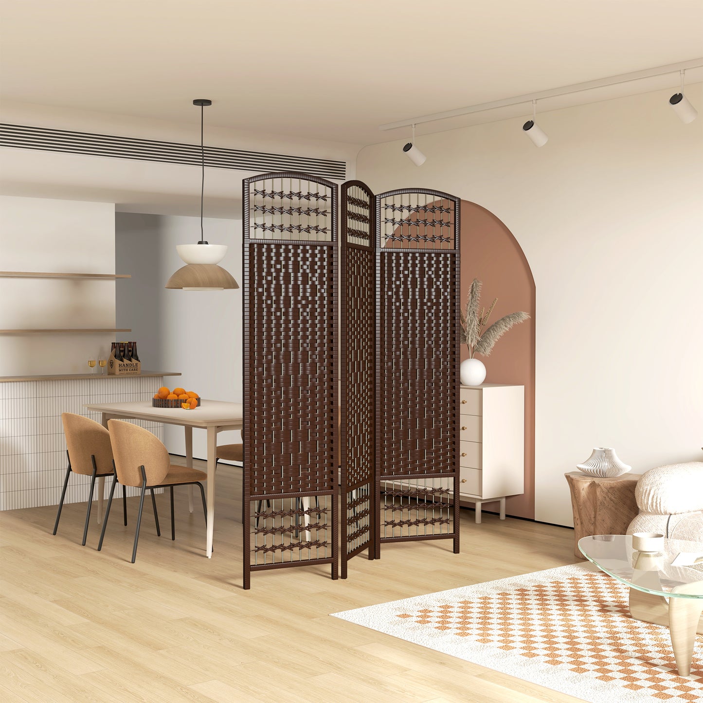 3 Panel Folding Room Divider, Portable Privacy Screen, Wave Fiber Room Partition for Home Office, Brown