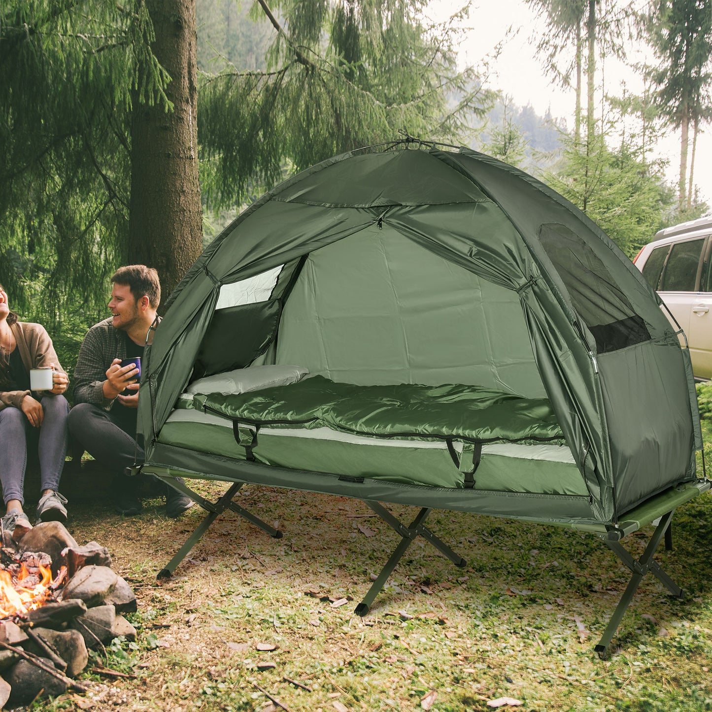 4-in-1 Camping Cot Tent, 1-Person Off-Ground Bed with Air Mattress, Sleeping Bag & Pillow, Elevated Camping Shelter for Adults