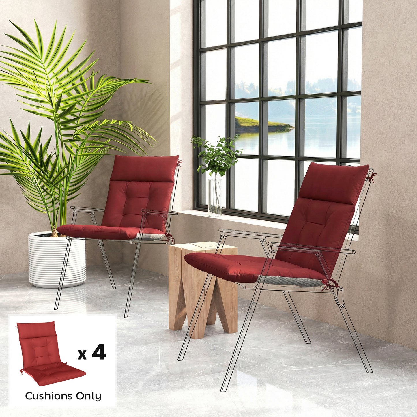 Patio Chair Cushions Set of 4, Waterproof Non-Slip Lounge Chair Cushions, 44"x21", Wine Red