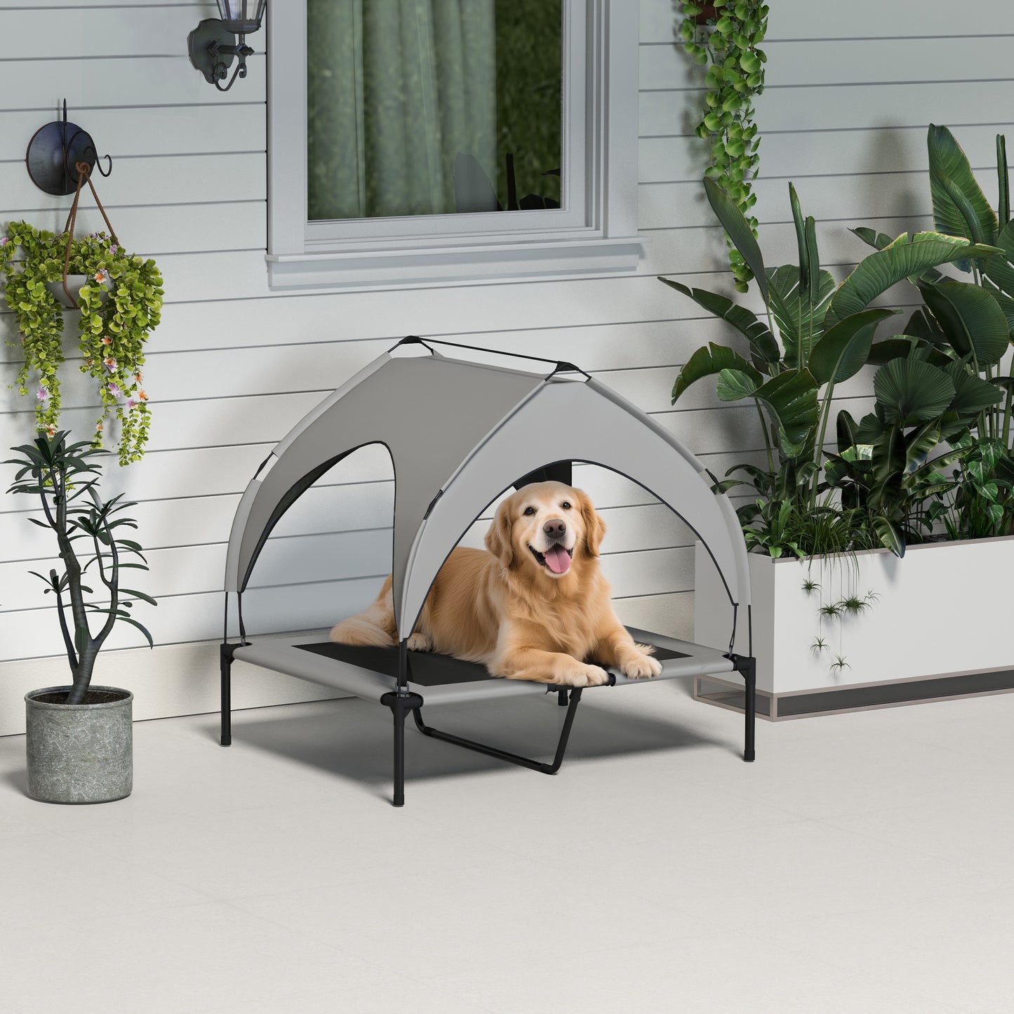 Raised Dog Bed Cooling Dog Cot w/ Canopy Washable Breathable Mesh, for Medium and Large Dogs, Light Grey