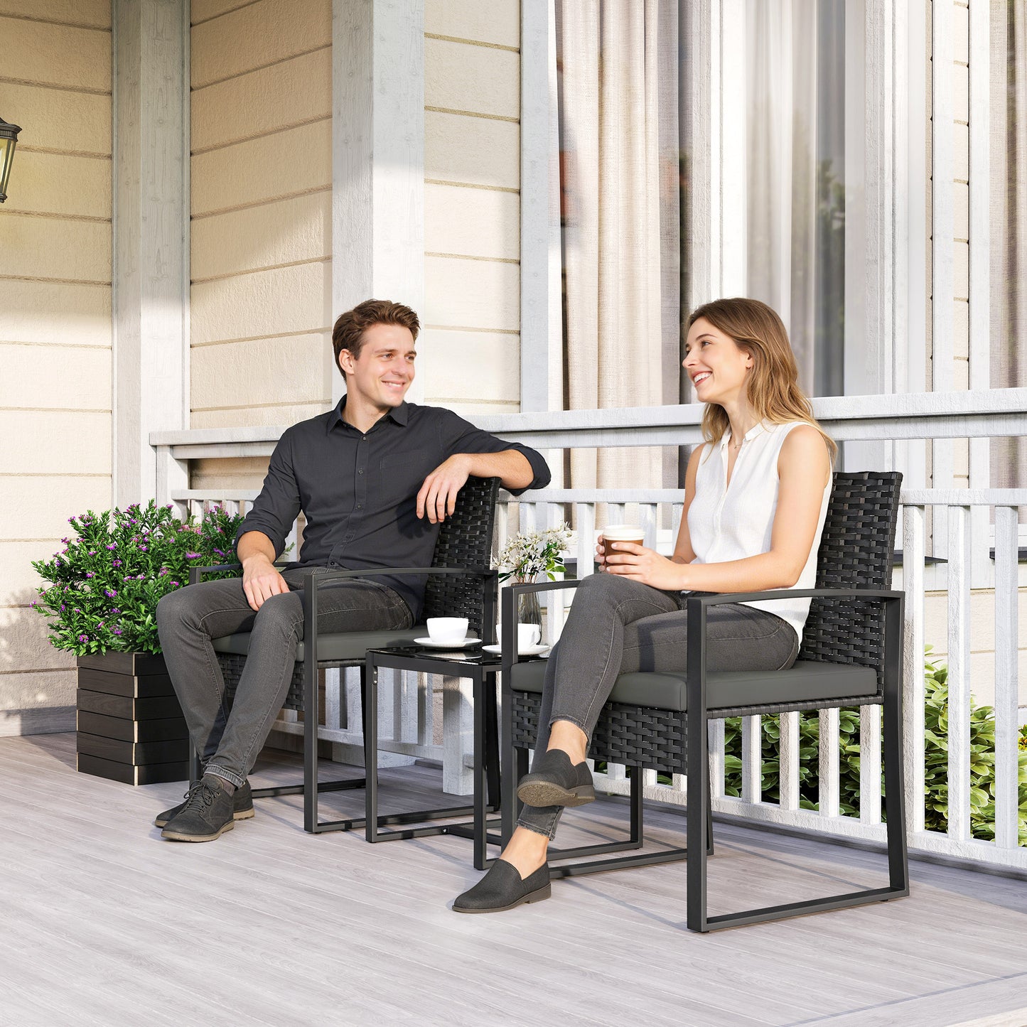 Outdoor Bistro Set, 3 Piece Wicker Patio Furniture Set with Glass Top Table and Cushions for Porch, Balcony, Dark Grey
